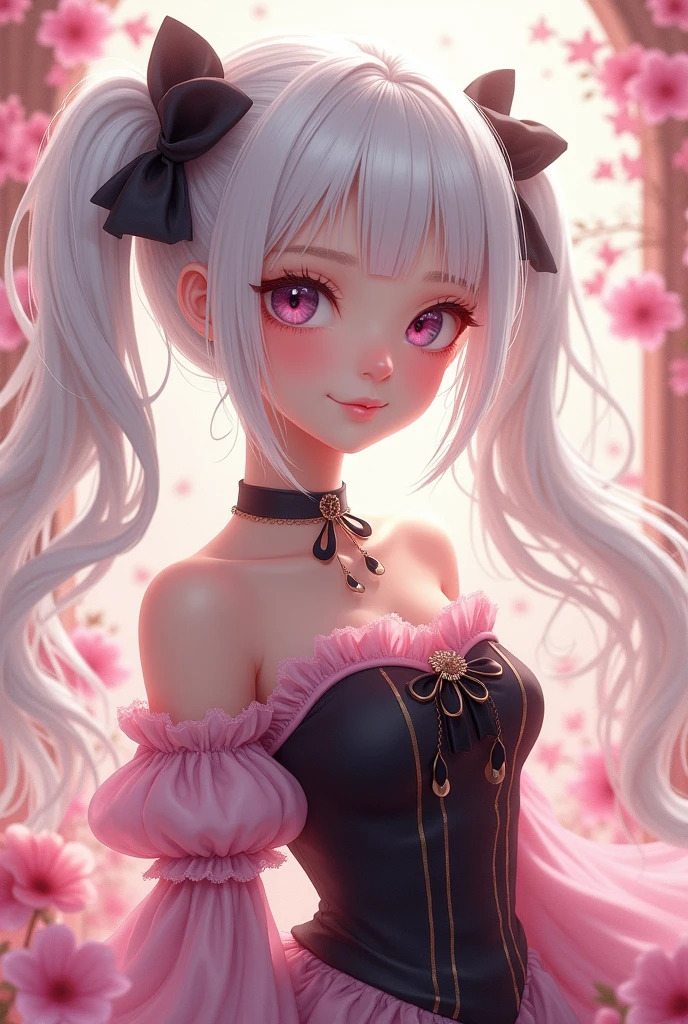 a cute and beautiful girl with white hair with two short ponytails on the right and left sides and wearing a black and pink dress