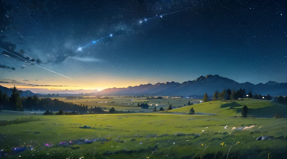 star sky, (((Star: 1.4))), (((Night Sky: 1.4))), night setting, view, (((Grassland View: 1.3))), mountain 1.2, (((Masterpiece: 1.2))), beautiful view, green grassland, (((Realistic: 1.4))), dark sky