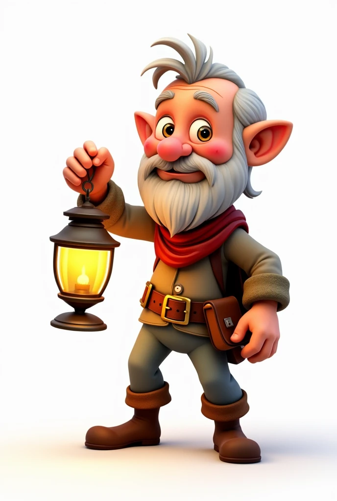 An energetic older adventurer holding an antique lantern, illuminating the path ahead. The characters are in a cartoon style, like animated movie characters, set against a white background