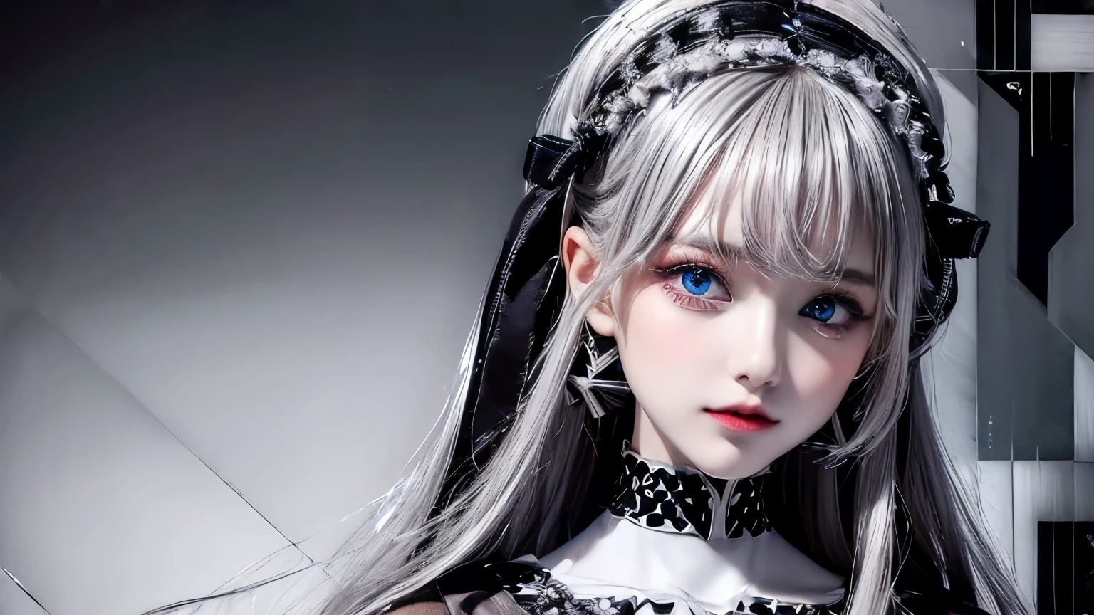 (digital art:0.2),(geometric art:1.7),(top-quality),(masterpiece),Delicately drawn face,girl with a pretty face,beautiful detailed blue eyes,Gothic ta Fashion,((Black and white costume)),(Beautiful silky silver hair:1.2),black ribbon hair ornament,Film Lighting,abstract,a beautiful artistic illustration,geometric background