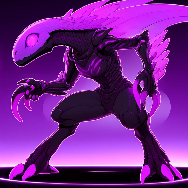 creature 2 meters tall, type of legs: digitigrade (toes (metatarsal bones) touch the ground, and the rest of the foot is raised), narrow eyes, body of a woman, black body, armor skin, alien forms, perfect body, purple glowing eye and, non-human face., long claws on the legs and hands.