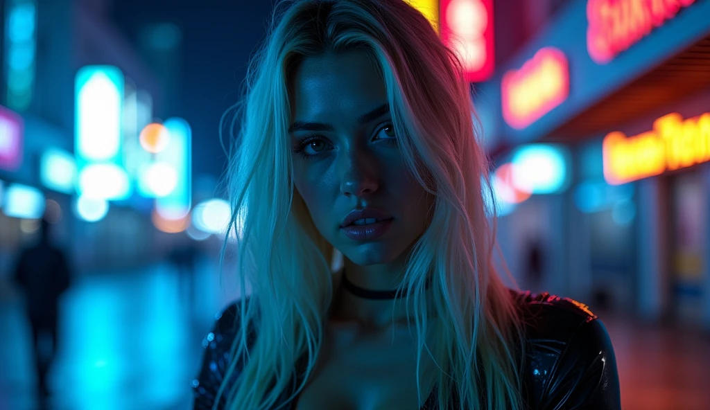 ((best quality)), ((masterpiece)), (detailed), ((background Cyber)), wet look, ((blond long Hair)), ((Intricate detailing, in the night time, Contre-Jour, random neon color, View from afar, random pose, blue latex bodysuit, face focus, hell picture, light face, big boobs)), (face brightly lit), ((full body view)), 8k