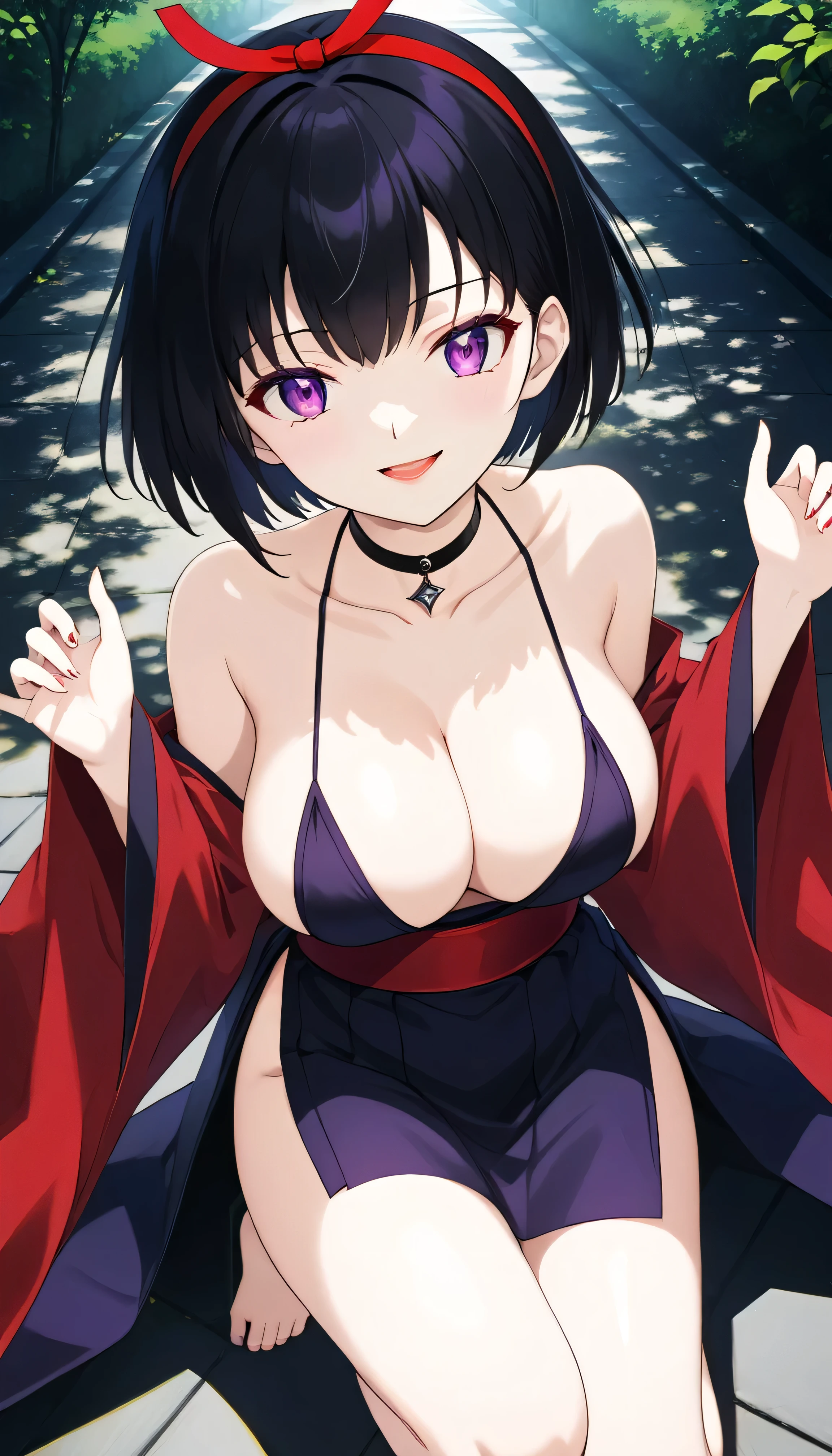 score_9, score_8_superior, score_7_superior, sauce_anime, Highest quality, masterpiece, evaluation_Explicit, No correction, break, SAKASAGAMINOYURA, One girl, Large Breasts, Cleavage, Black Hair, hair band, Bob_cut, Purple eyes, choker, No sleeve, Short kimono, Red lips, Outdoor, Leaning forward,two hands,Two legs,five fingers,evil background,, Wicked Smile, devilish aura (Shiny fabric:1.5),Dark world background,solo,feet,most evil Smirk,solo,most evil Smile,Shaded face (eyes in shadow),Shiny skin,oily skin,Sadistic smile,