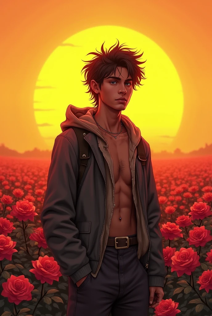 A homeless man around the age of 30 is young and beautiful but his clothes are neglected,
Standing in front of the beautiful yellowish sunset,
There are lots of roses on the horizon,
Roses in reddish rosy colors