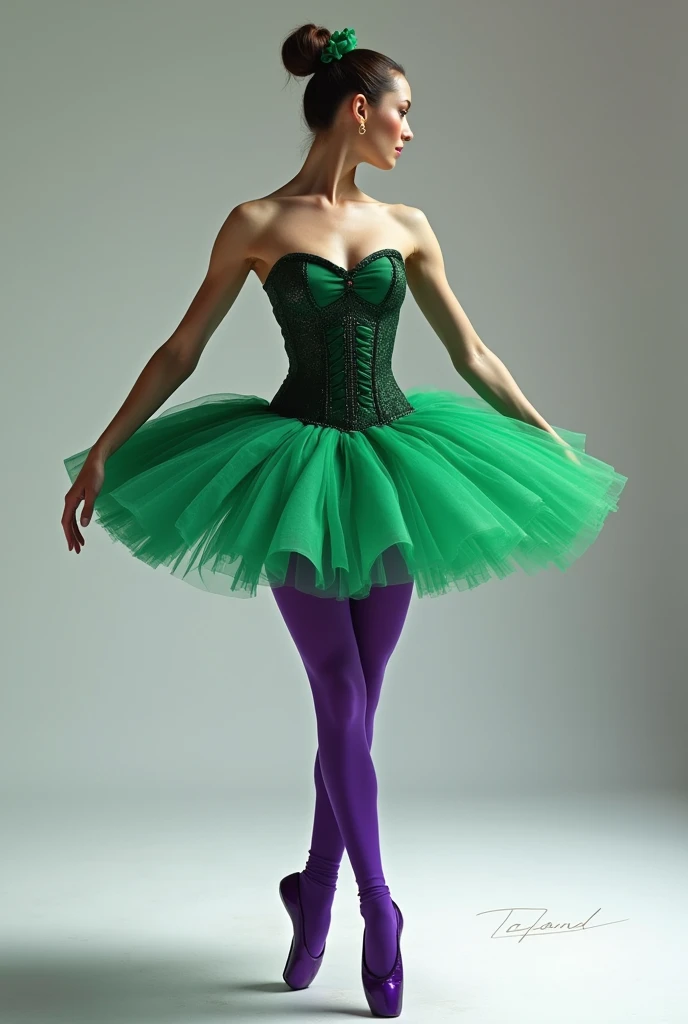 Balanchine style tutu (short tutu) green with purple tights . Green and violet are strong colors , and the corset-like piece , the green corset. With the purple pointe shoes