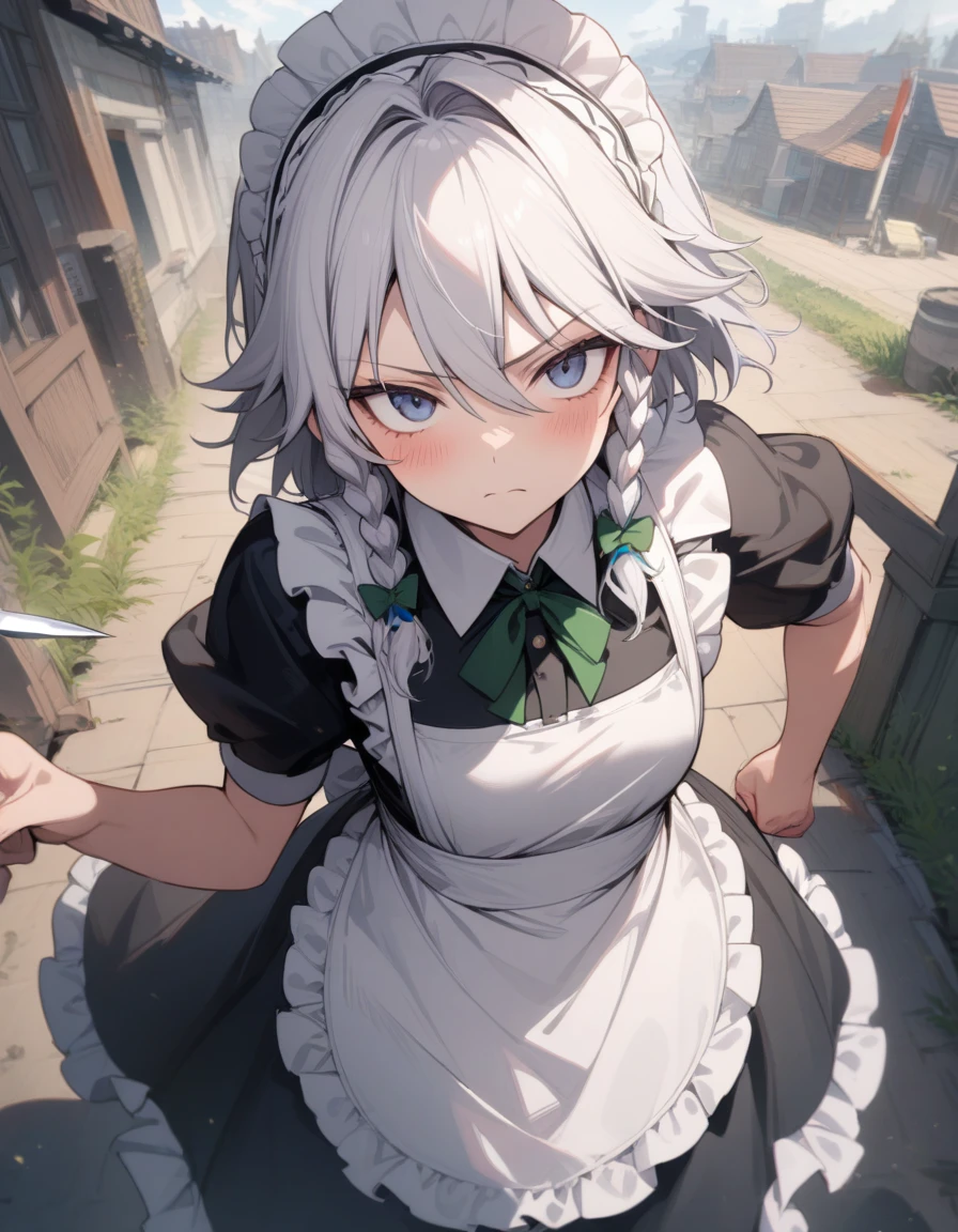One girl, Izayoi Sakuya, East, alone, maid headdress, maid, apron, Short sleeve, dress, Mouth closed, white apron, View your viewers, maid apron, puffy Short sleeve, Frills, Puff sleeves, black dress, frilled apron, Hair between the eyes, Outdoor, blush, throwing knife, knife, Serious face, Upper Body, masterpiece, Highest quality, so beautiful, Absurd