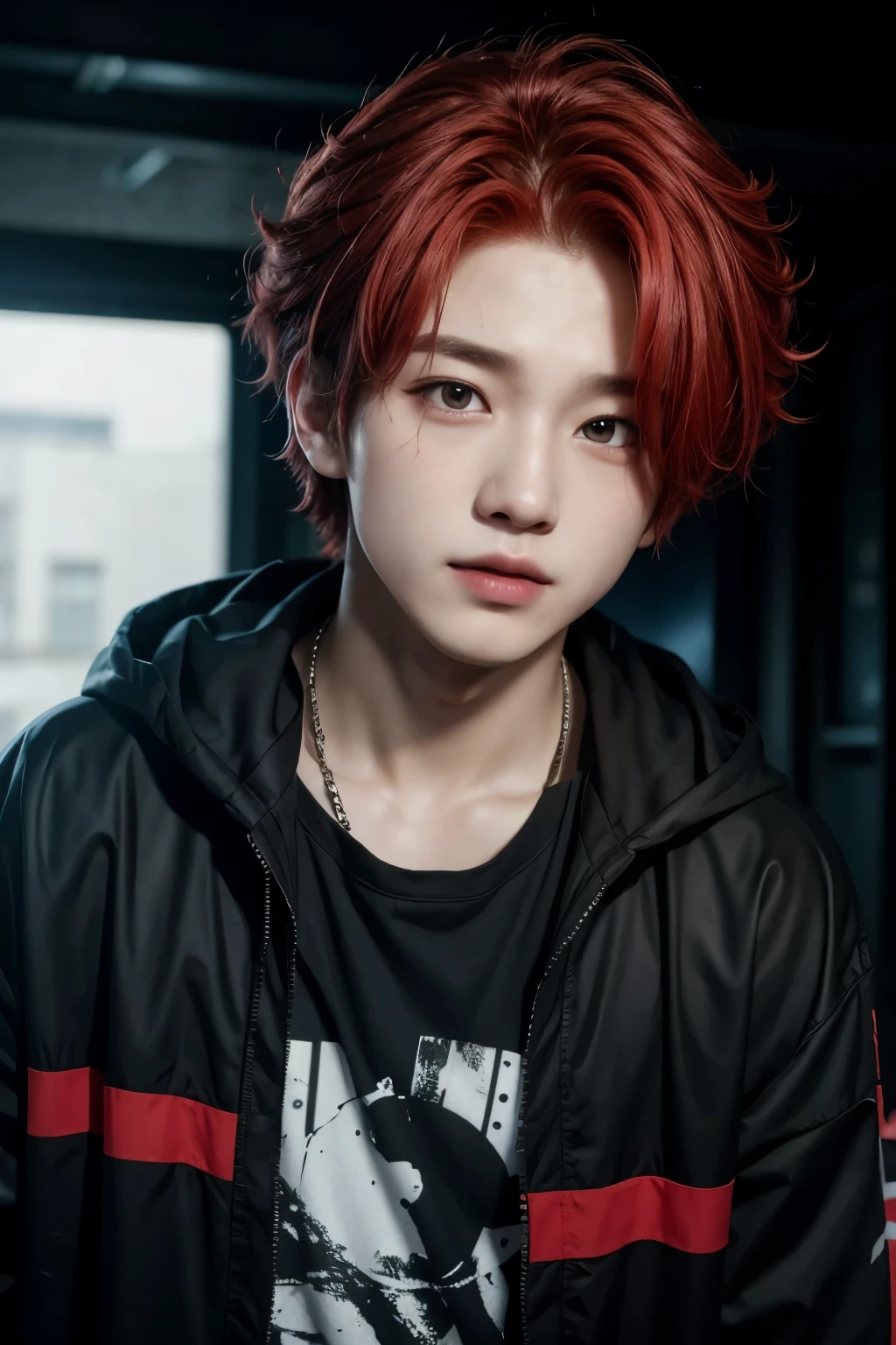 Lee Know from stray kids with red hair, black clothes and a more or less dark background