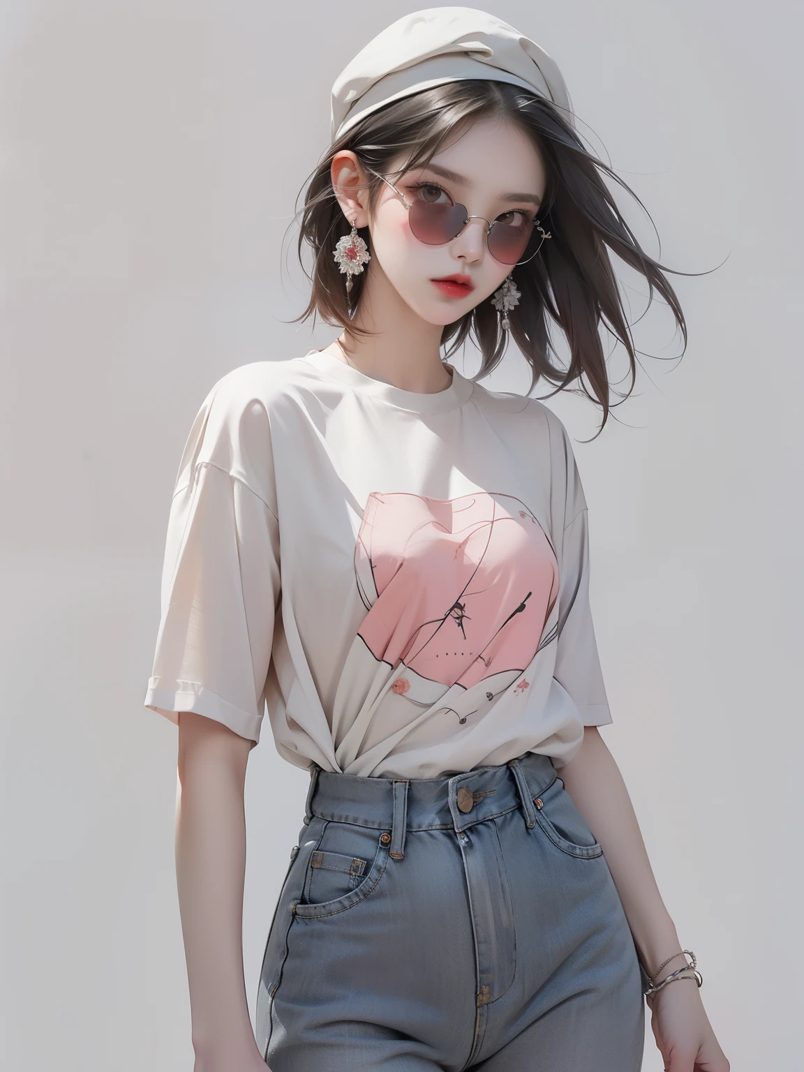 (masterpiece, Highest quality:1.2), Realistic, (Face shape: Surface length contour), (eye: Sharp eye, Cold Stare, eye make up), (nose: The nose muscles are thin and small in size.), (mouth: Neutral lips, Bright red lips), (skin: Transparent white skin, cheek), (shape: Thin Hips, Thigh Gap, Small breasts), (Overall impression: Korean young woman), (hair: perm, short hair), ((Clothes: T-shirts, cape, Earrings, sunglasses)), ((Pink Gray Background)), Strike a Pose
