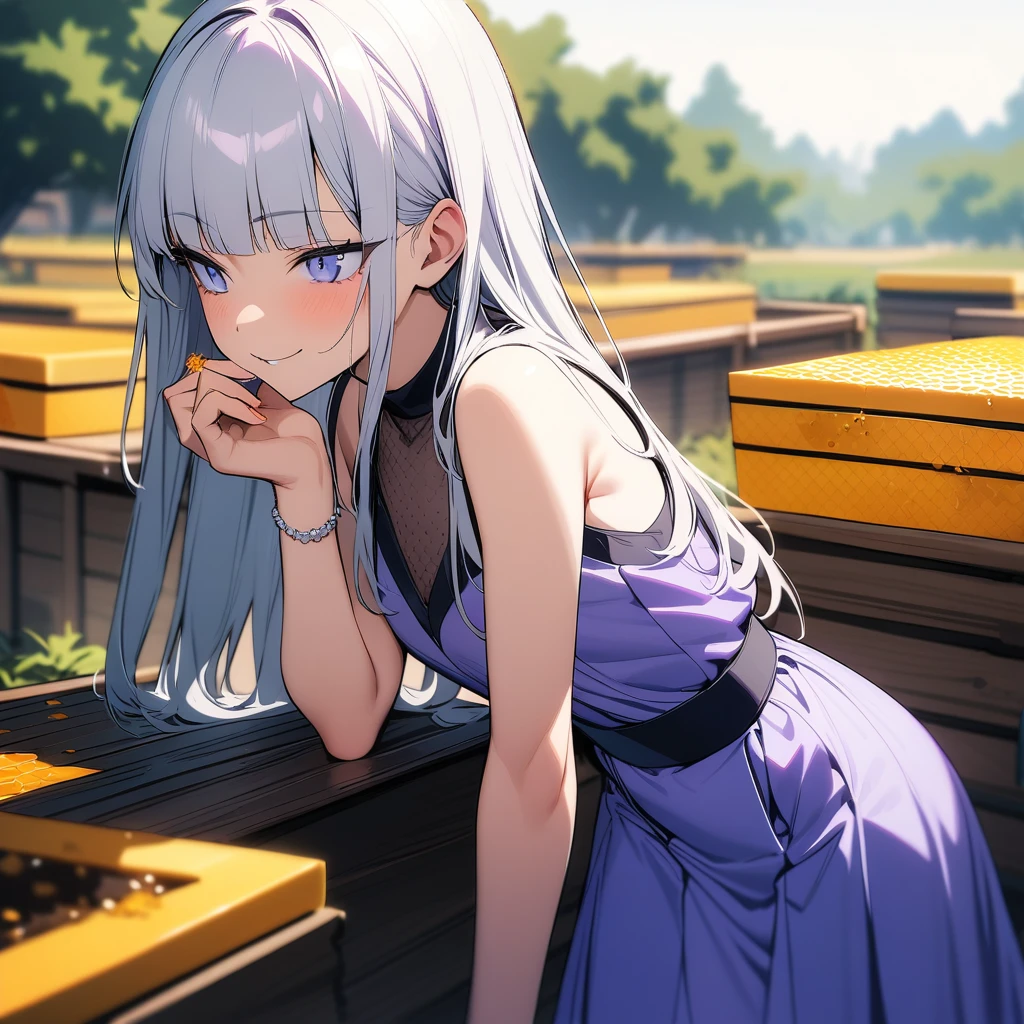 (masterpiece),(best quality),very aesthetic,(ultra-detailed),high saturation,1girl,,slender,long hair,silver hair,straight hair,(blunt bangs),dark blue alluring eyes,smirk,thinking,An elegant and sophisticated outfit perfect for a party, featuring a purple sundress with light blue accents,standing,leaning forward,ecstasy,outdoors,bee yard,apiary landscape,cowboy shot,(spoken about honey),sideways glance,looking away