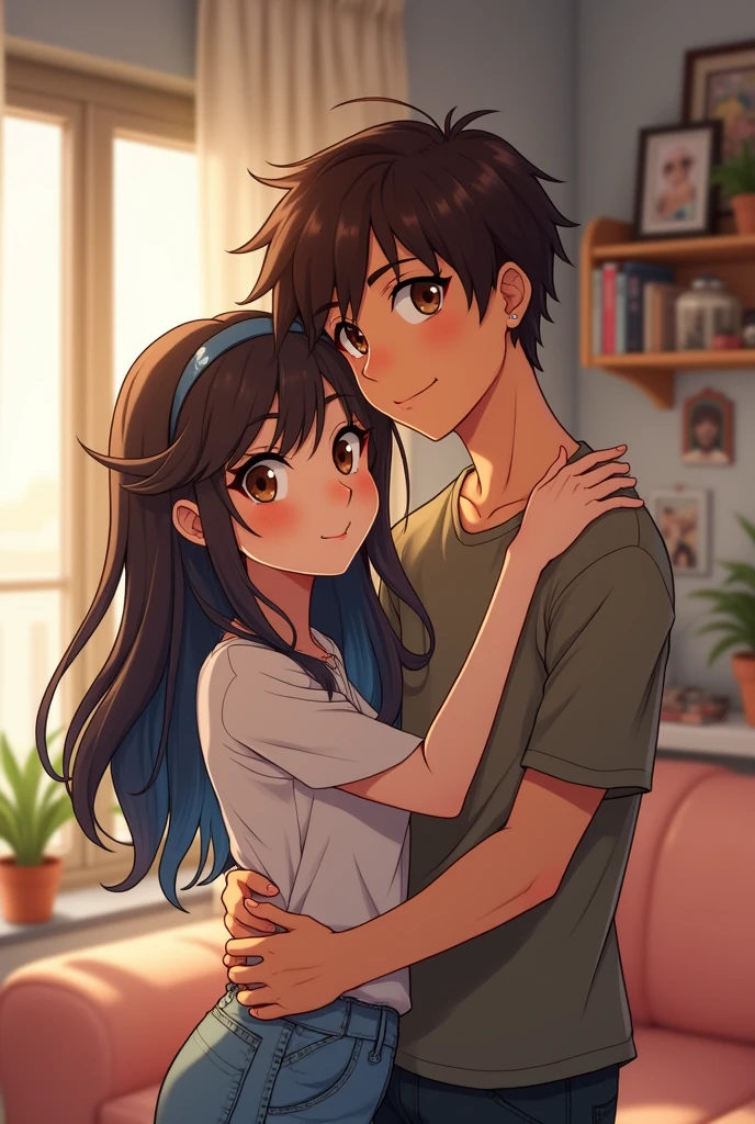 can you generate an 23 year old turkish girl who has dark brown and blue hair and brown eyes. she is at her home and taking a selfie. make her sillier. add an 23 year old turkish boy who has brown eyes and brown hair with an earing. make him taller than her and make them hug. make them lovers. create them like anime chrachters. make them more intimate. make him a lot more masculine