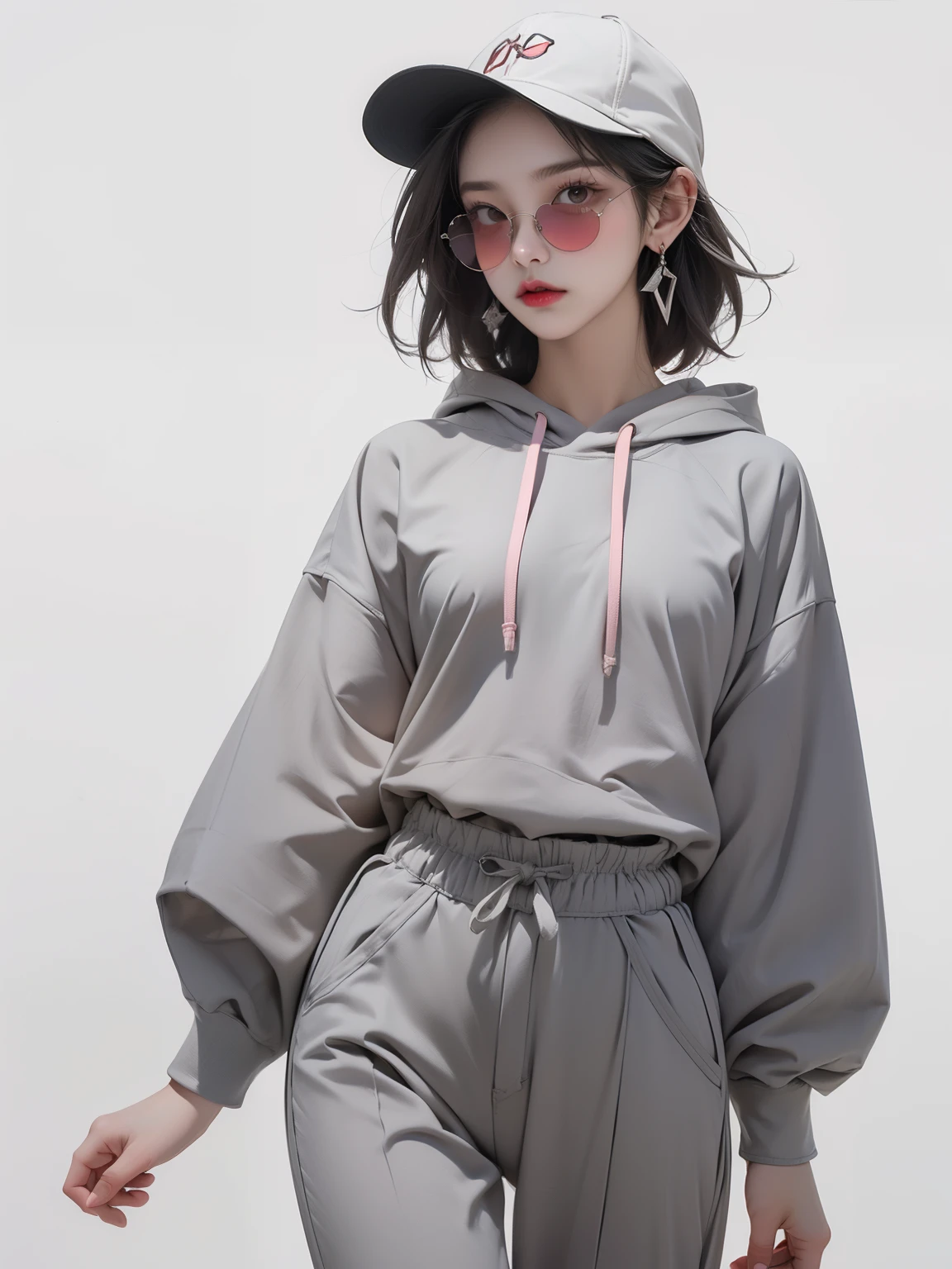 (masterpiece, Highest quality:1.2), Realistic, (Face shape: Surface length contour), (eye: Sharp eye, Cold Stare, eye make up), (nose: The nose muscles are thin and small in size.), (mouth: Neutral lips, Bright red lips), (skin: Transparent white skin, cheek), (shape: Thin Hips, Thigh Gap, Small breasts), (Overall impression: Korean young woman), (hair: perm, short hair), ((Clothes: hoodie, Wide-leg trousers, cape, Earrings, sunglasses)), ((Pink Gray Background)), Strike a Pose