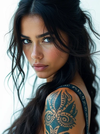 a (((breathtakingly beautiful native American female priestess))) in tribal attire, (up close up), (((highly detailed dark brown hair))), (((black eyes))), (((pale blue eyes))), (((tribal tattoos))), (((abstract white background with black, blue, and dark colored tattoos))), (((otherworldly beauty))), (((melting frame effect))), (((ilusion frame effect))), (((mind trick)))