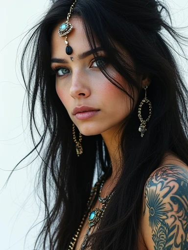 a (((breathtakingly beautiful native American female priestess))) in tribal attire, (up close up), (((highly detailed dark brown hair))), (((black eyes))), (((pale blue eyes))), (((tribal tattoos))), (((abstract white background with black, blue, and dark colored tattoos))), (((otherworldly beauty))), (((melting frame effect))), (((ilusion frame effect))), (((mind trick)))