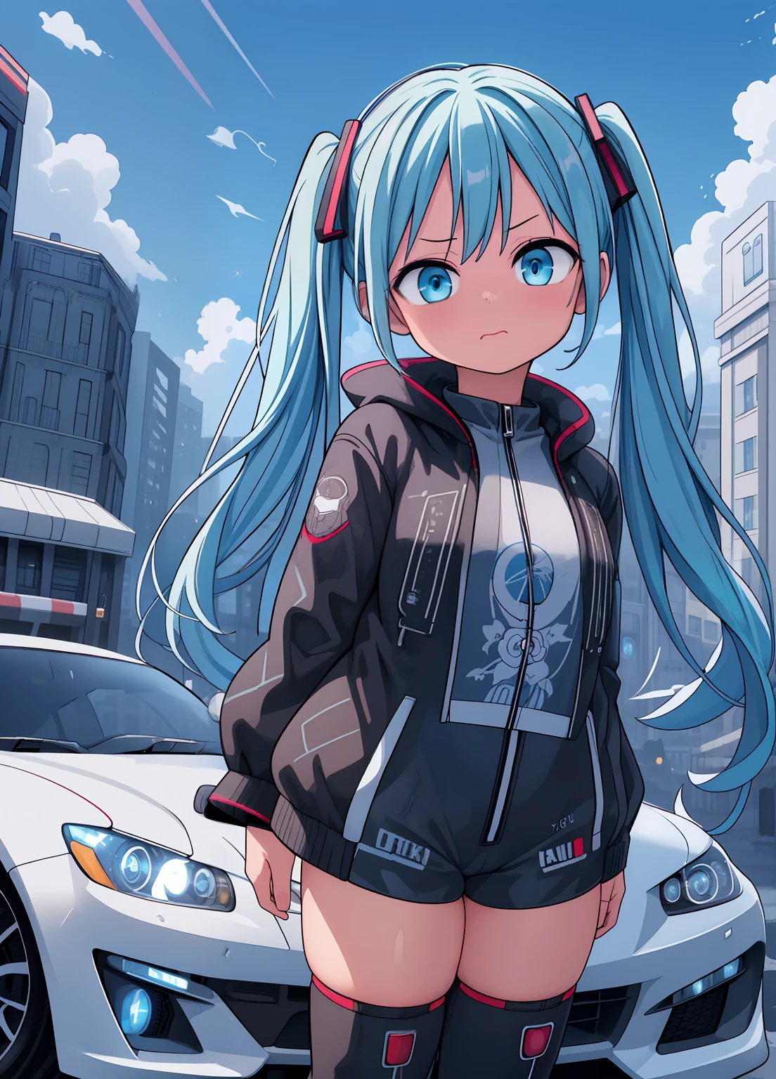 (masterpiece、Highest quality、Highest quality、Official Art、Beautiful and beautiful:1.2)、(One girl:1.3)Hatsune Miku、Twin tails,Beautiful breasts, Katsushika Hokusai,(masterpiece, Highest quality), Backlight, Lens flare, Wide Shot, Fisheye Lens , (Face Focus, Depth of written boundary, close: 1.5), Super Detail, figure, colorful, (Fault Color: 1.3), (Immidshot: 1.3), video, Wide-angle, Upper Body, (((One girl))), (Are standing, Stand in front of the car:2), (1 set), nsx, miku hatsune, Spotless, Dark green hair, Twin tails, Very long hair, Put your arms behind your back, blue eyes, Glowing Eyes, Relaxed face, Eyebrow hair, Shiny Hair, Glowing Skin, A light smile, Black bodysuit, Cropped jacket, White jacket, Thigh-high boots, bright, Beautiful detailed sky, city, street,