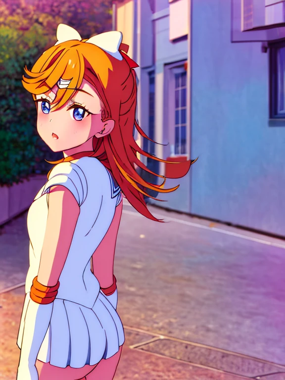 masterpiece, best quality, highres, sv1, sailor senshi uniform, elbow gloves, tiara, red bow, orange choker, orange sailor collar, white gloves, jewelry, white leotard, outdoors, street, cowboy shot, ass, from behind, perfect face, perfect eyes, lips, blush