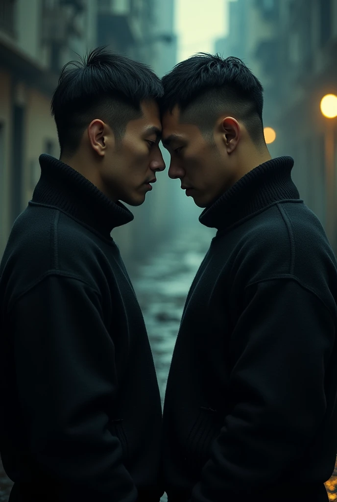 Dua pria bersweater hitam, standing back to back, hostile (korean face)