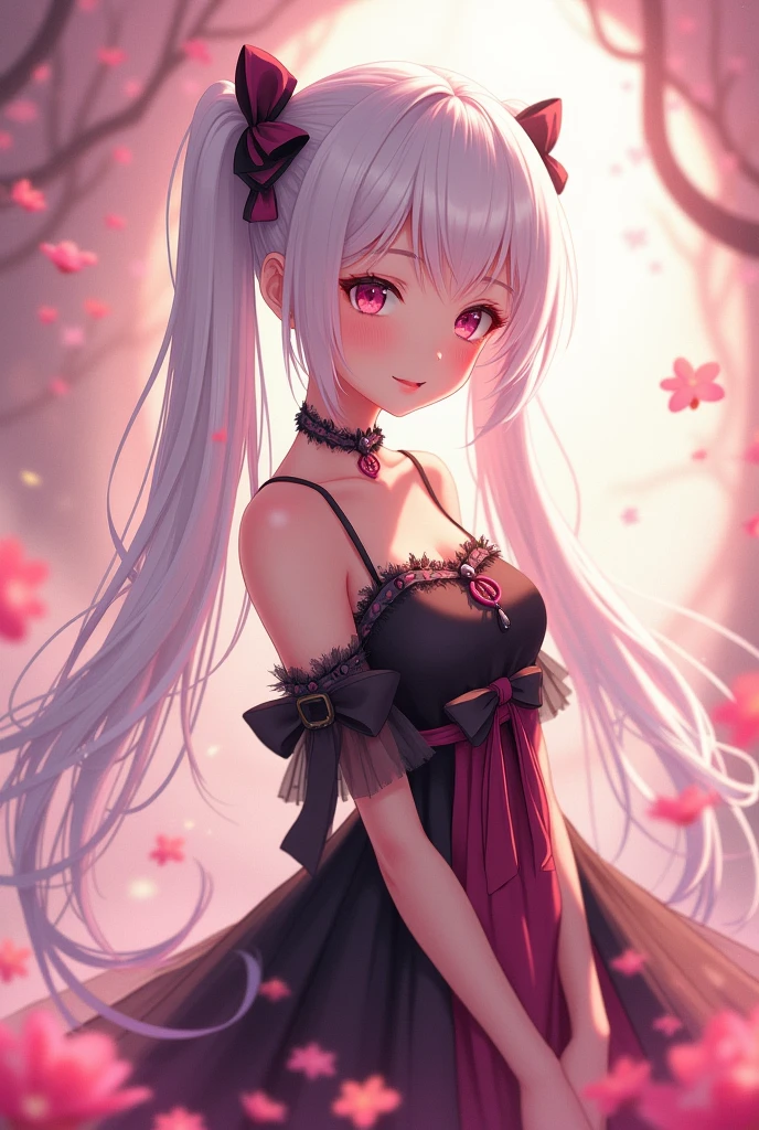 a cute and beautiful girl with white hair with two short ponytails on the right and left sides and wearing a black and pink dress with a ribbon in her pink hair