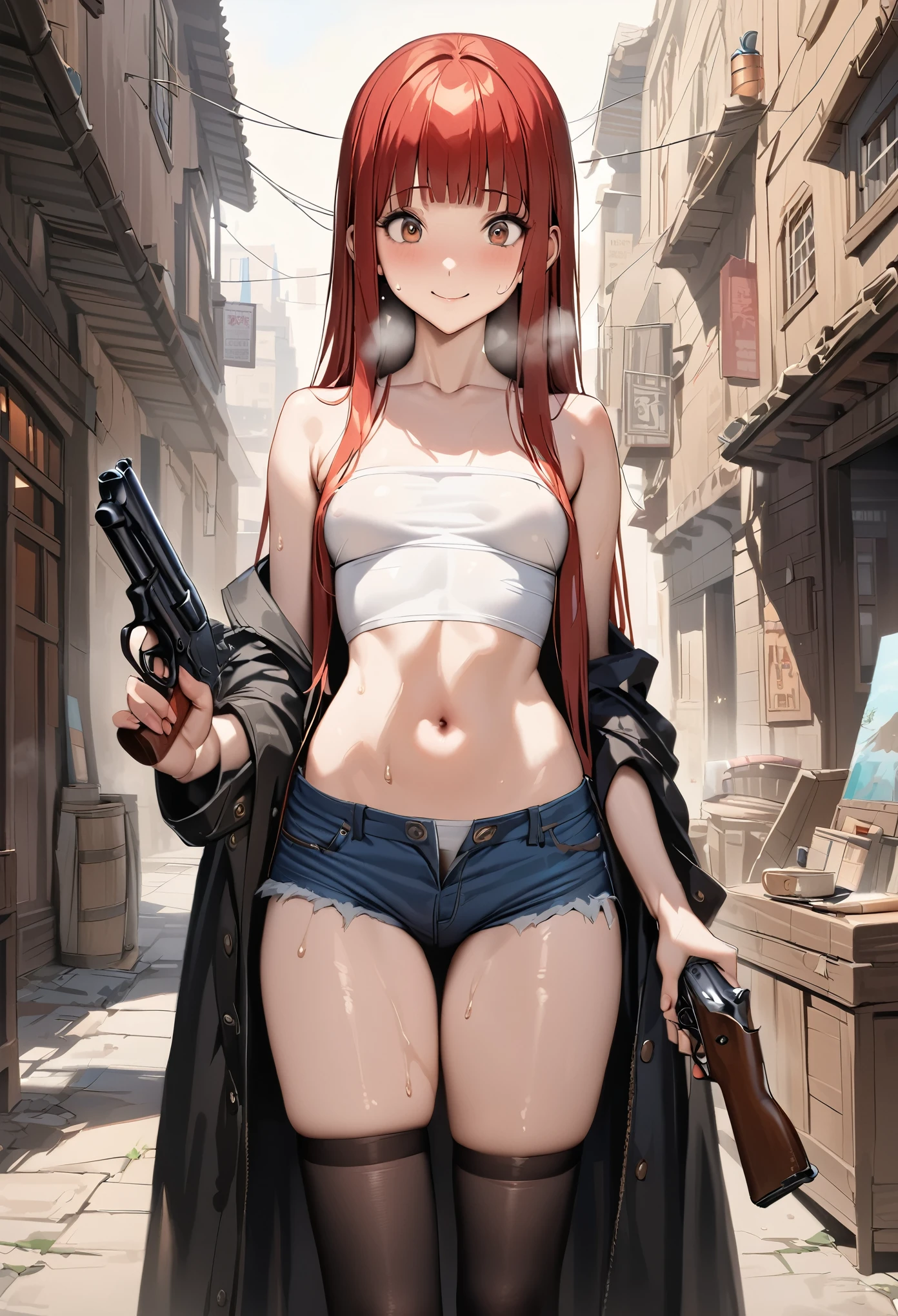((masterpiece,best quality anime,Highest quality:1.3)),realistic,cowboy shot,(25 year old beauty), gunslinger ,1woman,独奏,((very small head:1.4)),((very long body:1.3)),red hair,bangs,straight long hair,gorgeous big eyes,brown eyes,smile,Heavy breathing、(Black long coat),Wearing a white tube top shirt under the coat,navel、(denim micro shorts、black_thighhighs),((slender body:1.3,skinny)),small breasts,gleaming skin,shiny skin,sweat:1.3,Holding a gun in hand,revolver、smoke of gunpowder、Western cityscape、The World of Westerns、