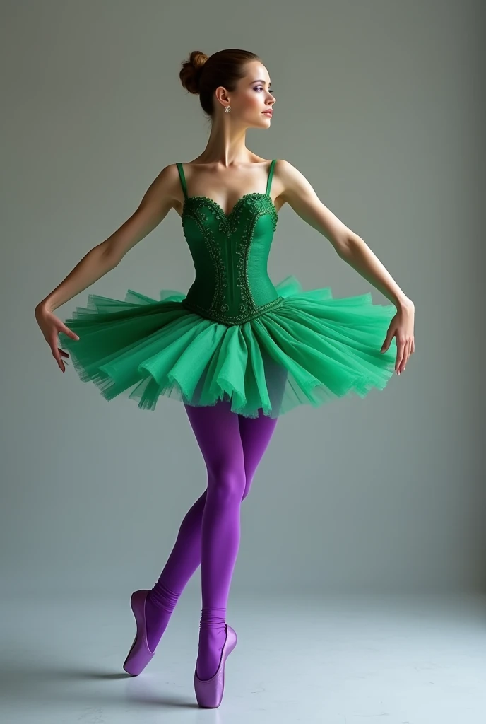 Balanchine style tutu (short tutu) green with purple tights . Green and violet are strong colors , and the corset-like piece , the green corset. With the purple pointe shoes