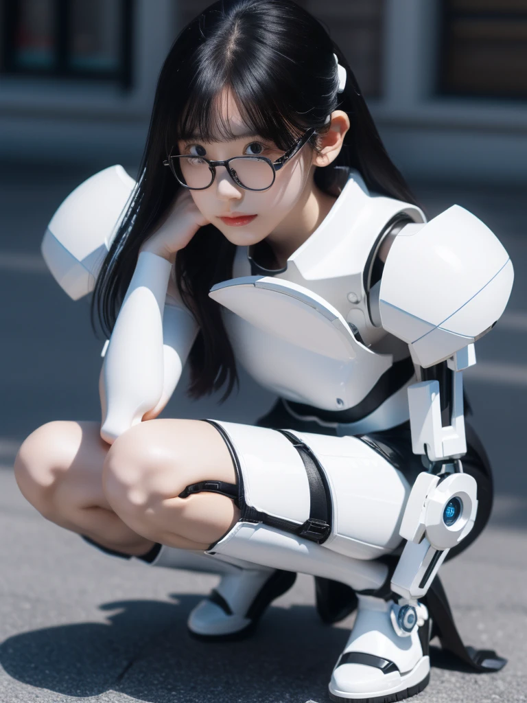 masterpiece, Highest quality, Very detailed, (8k, 4K, Highest quality, High resolution, 超High resolution:1.1), (Tabletop, Realistic, Photorealistic:1.1)Japanese anドロイド woman,Plump ,Control panel,Activation,Android,Mechanical Hand,Robotic arms and legs, White Robot Parts,Black Hair,Dark black knee-high socks,Black sponge joint,Blunt bangs,White robot body,Ceramic body,Jockey Boots,Perfect Cyborg Girl,Glasses,Squat,