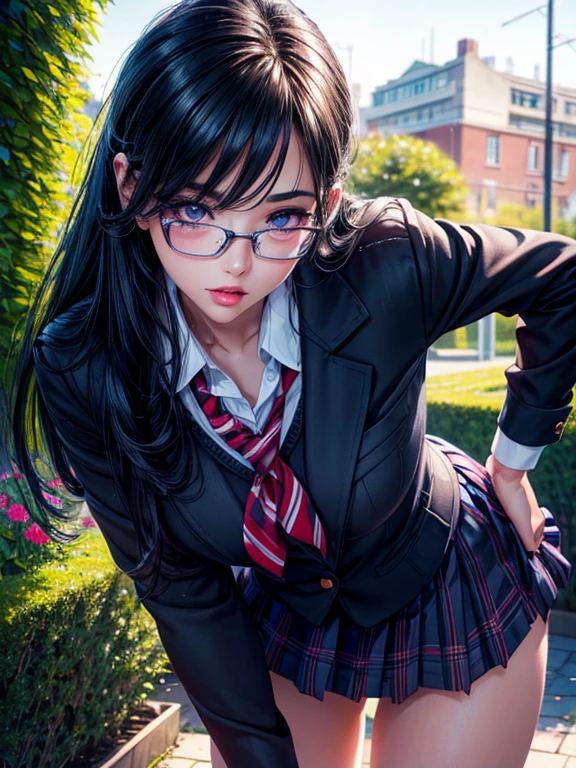 a schoolgirl bending over, panty visible, beautiful detailed eyes, beautiful detailed lips, extremely detailed face, long eyelashes, school uniform, outdoor garden scene, photorealistic, 8k, (best quality:1.2), ultra-detailed, (realistic:1.37), vivid colors, natural lighting, beautiful scenery, intricate details, elegant, dynamic pose