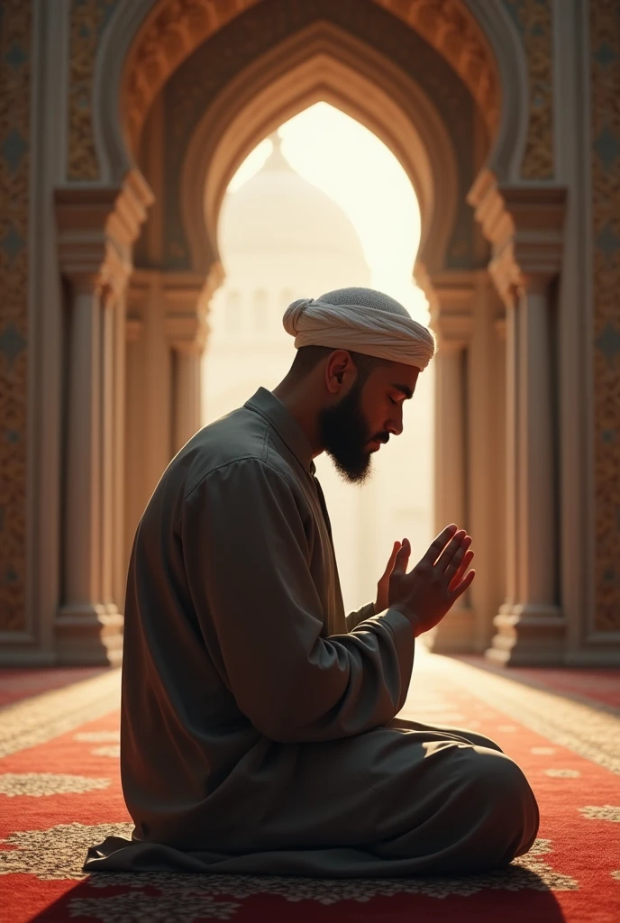A high-resolution, realistic image of a young, masculine bald man praying to Allah inside a mosque in America, wearing a traditional taqiyah (head covering).
