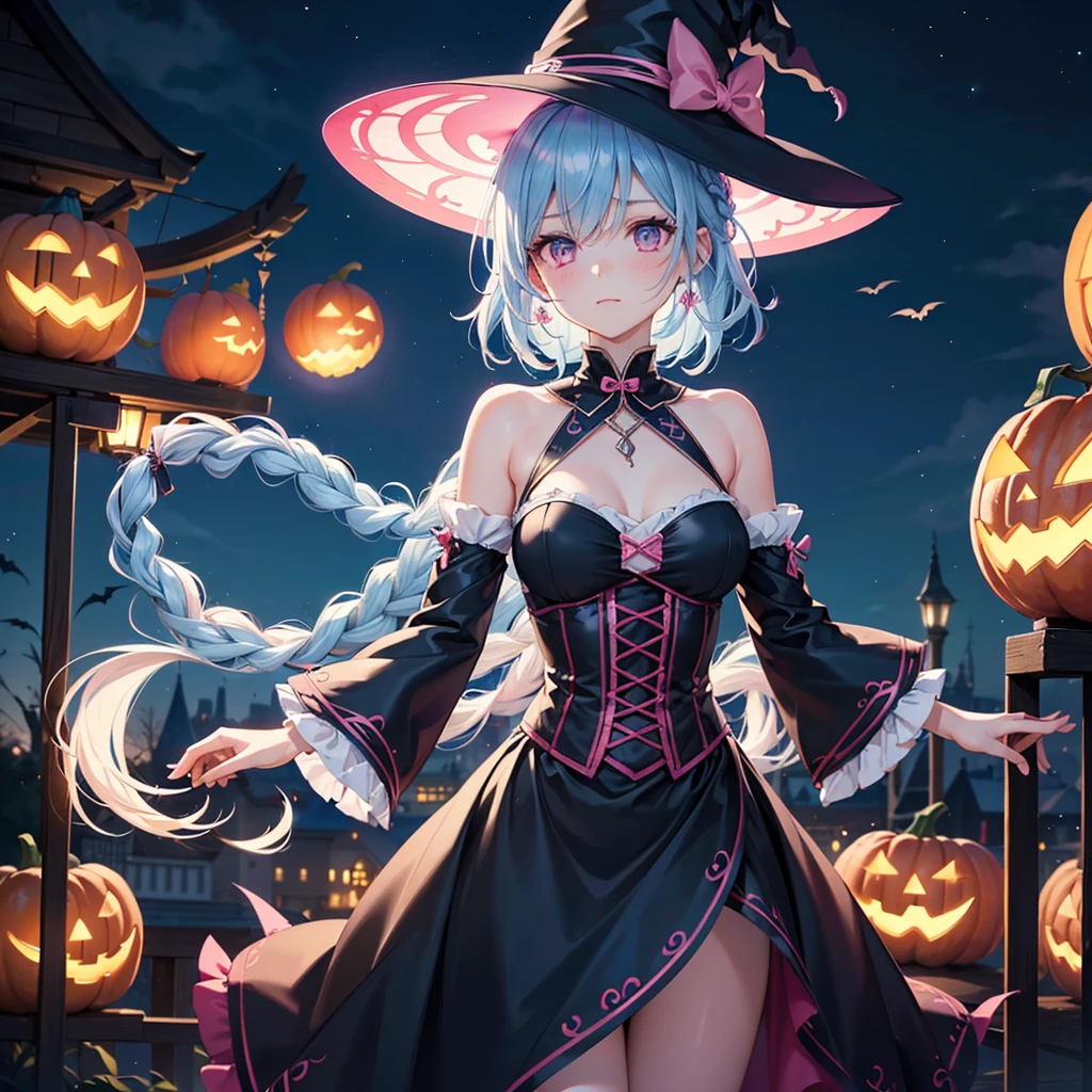 (Sky Blue Hair),(Braided medium hair:1.2), (Pink Eyes),Fair skin) ,(whole body),(One Girl),(Crescent Moon),(There are many pumpkin ghosts in the background),(If you don't give me sweets, I'll be mischievous.),Halloween Night Party),(masterpiece, Highest quality, Very detailed, Best Shadow), (Detailed Background), (Beautifully detailed face), High Contrast, (Best lighting, Very delicate and beautiful), ((Cinematic Light)), Hyper Detail,8k, Dramatic Light, Intricate details,Cute witch clothes,night,Bats flying in the background,