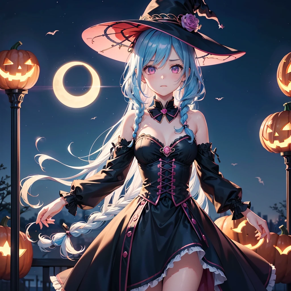 (Sky Blue Hair),(Braided medium hair:1.2), (Pink Eyes),Fair skin) ,(whole body),(One Girl),(Crescent Moon),(There are many pumpkin ghosts in the background),(If you don't give me sweets, I'll be mischievous.),Halloween Night Party),(masterpiece, Highest quality, Very detailed, Best Shadow), (Detailed Background), (Beautifully detailed face), High Contrast, (Best lighting, Very delicate and beautiful), ((Cinematic Light)), Hyper Detail,8k, Dramatic Light, Intricate details,Cute witch clothes,night,Bats flying in the background,