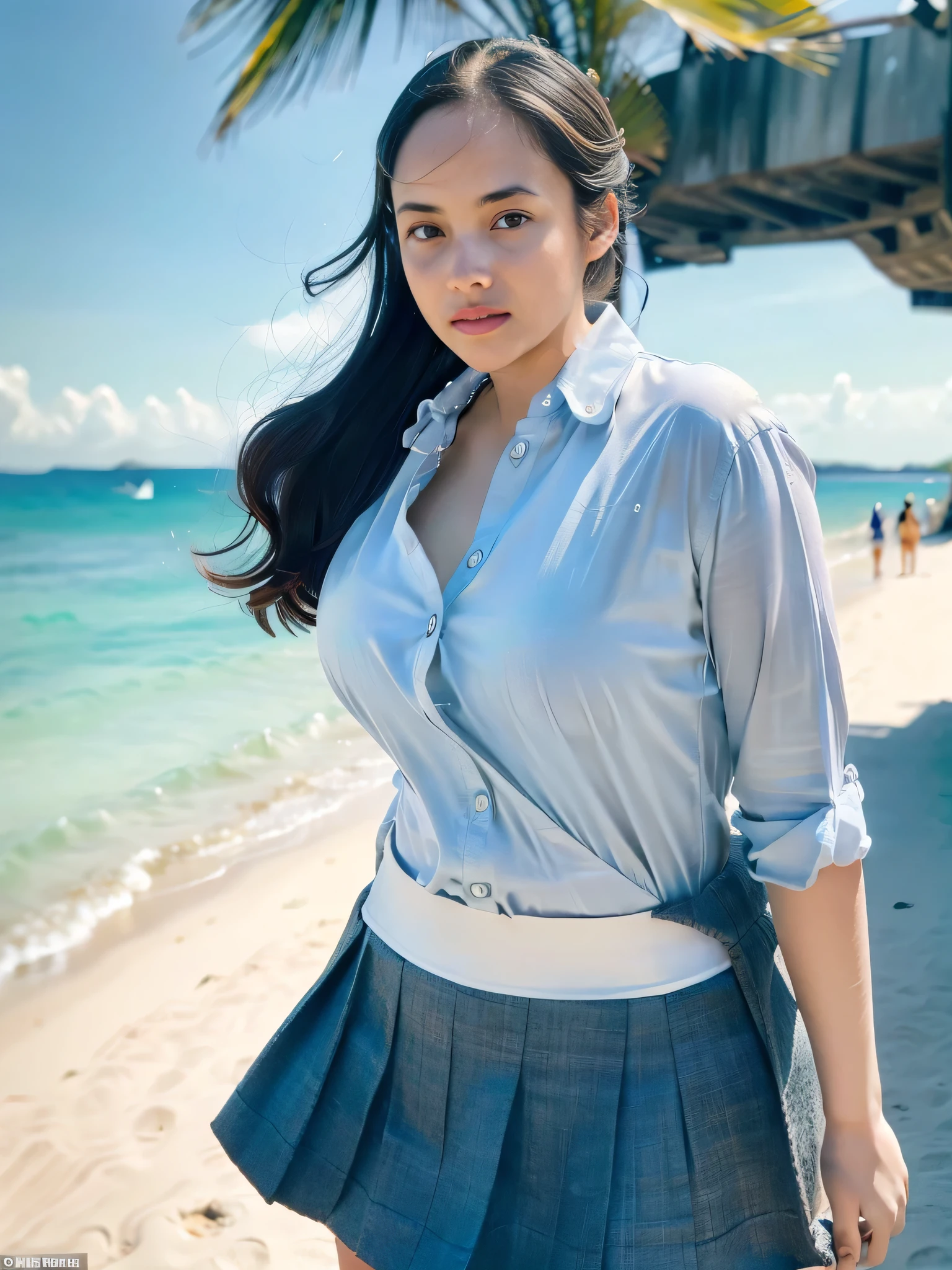 1girl, solo, (uniform), standing, at the beach,  beautifully ocean scenery, detailed face, cute face, detailed eyes, thick breasts, smooth realistic skin, tight white shirt, tight blue grey miniskirt, looking at the audience, low angle shot,(8k, RAW photo, best quality, masterpiece: 1.2), (realistic, realistic: 1.37), ultra-high resolution