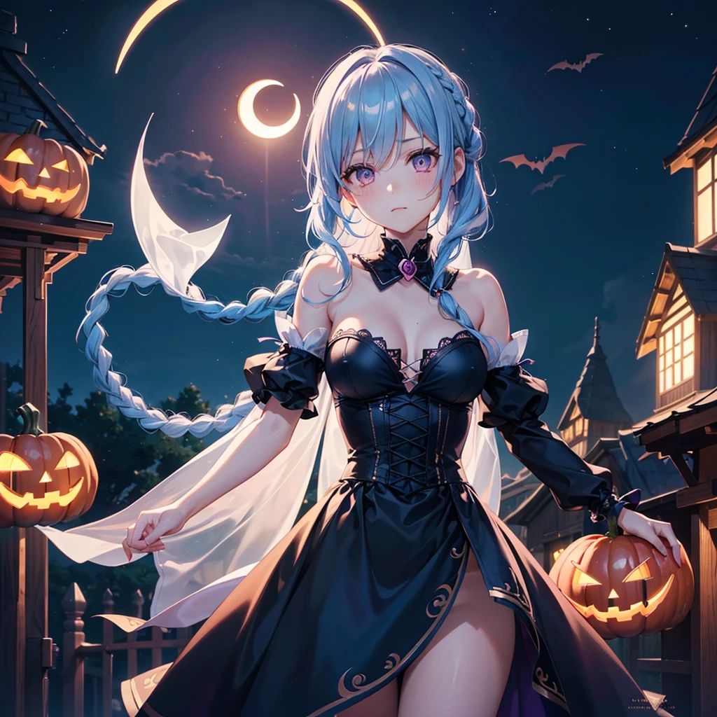 (Sky Blue Hair),(Braided medium hair:1.2), (Pink Eyes),Fair skin) ,(whole body),(One Girl),(Crescent Moon),(There are many pumpkin ghosts in the background),(If you don't give me sweets, I'll be mischievous.),Halloween Night Party),(masterpiece, Highest quality, Very detailed, Best Shadow), (Detailed Background), (Beautifully detailed face), High Contrast, (Best lighting, Very delicate and beautiful), ((Cinematic Light)), Hyper Detail,8k, Dramatic Light, Intricate details,Cute witch clothes,night,Bats flying in the background,