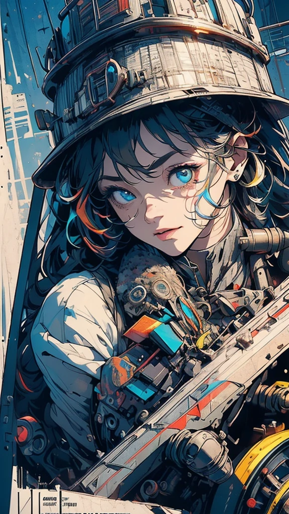 (((masterpiece, highest quality))),(((solo:1.2))),(((1girl:1.2))),32k wallpaper, very detailed, poster, vintage science fiction,(((((geometric cinematic movie poster))))), (bauhaus), shape,(((abstract))),(mid century modern),movie poster,(((((portfolio))))),(((((Close-up))))),(((((bust up))))),((((more various angle)))),(((highlight))),Vast landscape,((((heterochromia)))),(((complete. detailed face))),(((Extremely talented))),(((((most complecated machine))))),Colorful color scheme,(Cleavage),(((((unlimited mechanic Workaholic)))))