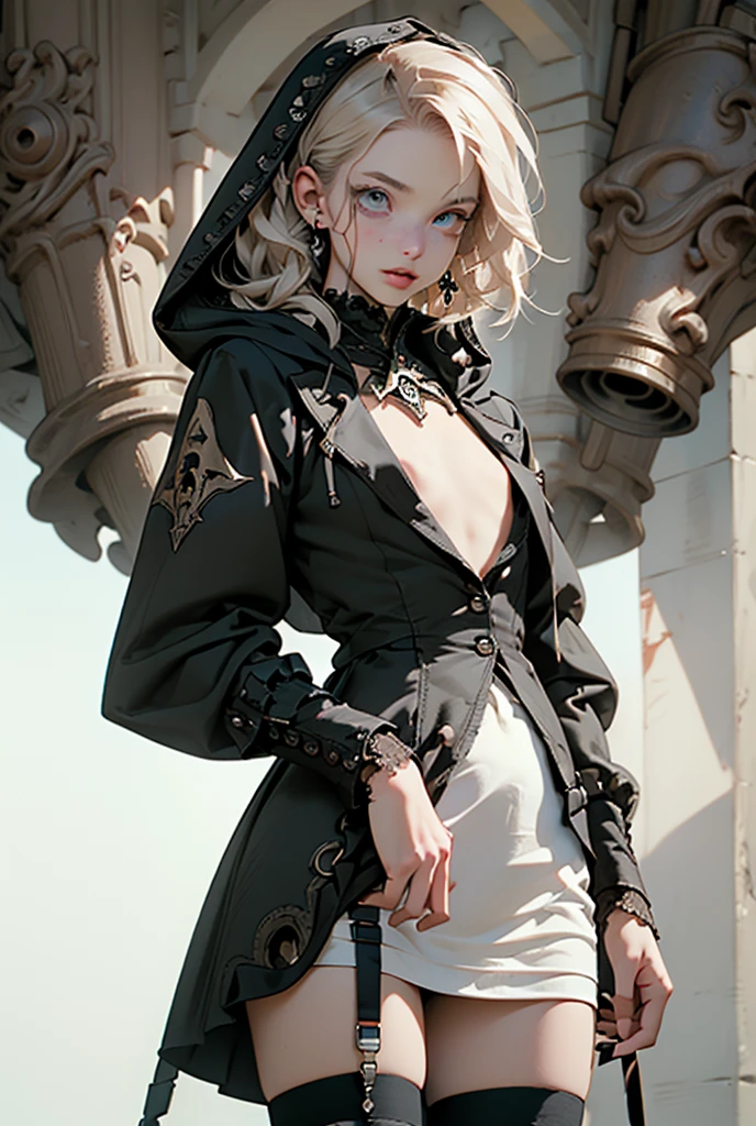 (((masterpiece, of the highest quality, super detailed))), (a witch belonging to an occult order of knights), (a knight crossed with a witch), Victorian era inspired, ((minimal but intricate beautiful armour)), Fluttering lace flared dress with frilly petticoats, ((nier automata meets bloodbourne)), ((((Highly detailed face))),  (big forhead:1.2), (dark hair), (((Very sharp focused eyes))), very long eyelashes, small breasts, (((flat chest:1.1))), occult aesthetic, (red and white clothing detailed and intricate steampunk and detailed gothic), (with a hood), complex lace boots,