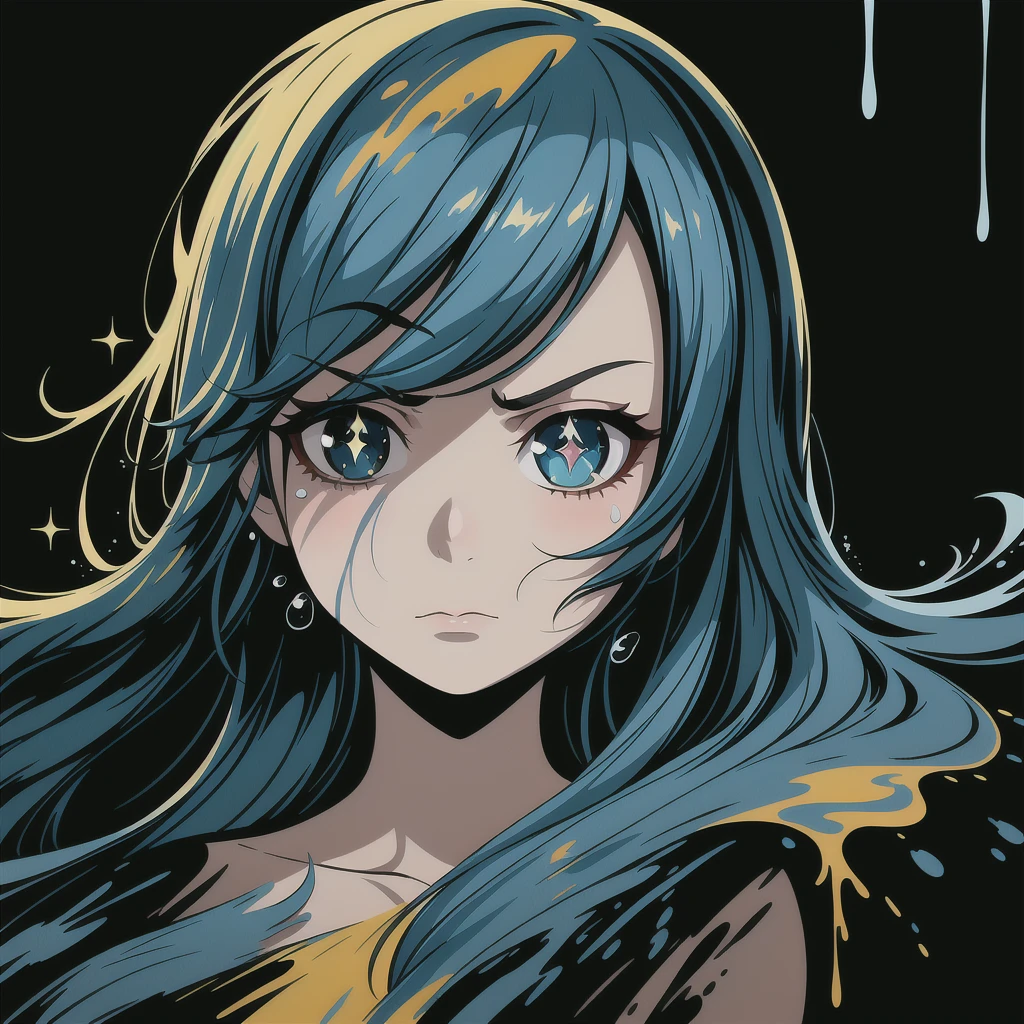 (masterpiece, best quality:1.1), pxint, (1girl:1.05), solo, detailed eyes, serious face, portrait, beautiful, looking at viewer, droplets, yellow and pink, sparkle, bubble, flowing, with a splash of paint, (abstract:0.8)