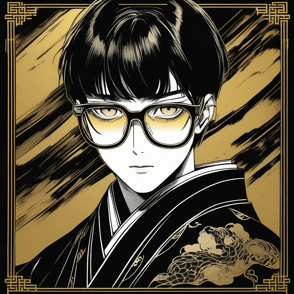 (best quality, sketch:1.2),realistic,illustrator,anime,1 man, kimono,custom, black and gold gradient background, textured cropping, masterpiece, style retro classic, noir style 、An illustration、art、70s horror movie posters, Supervised by Junji Ito、High detail, Realistic Shadows、Analog Style, chromatic aberration, Surrealism、Complementary Gradient, with stubble, short beard, short mustache, Beard scum, slightly curly hair, and black square plastic-framed glasses