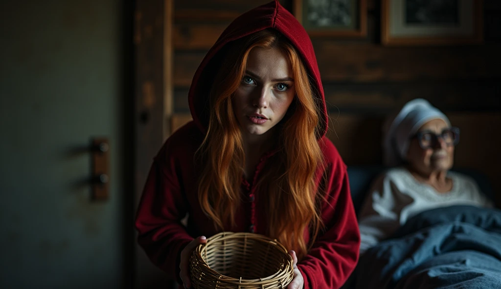 High-contrast photo of a beautiful 23-year-old Russian woman as Red Riding Hood, with long auburn hair and piercing blue eyes, entering a dimly lit bedroom with a mix of fear and curiosity on her face, holding a wicker basket, full body framing, confronting an anthropomorphic wolf poorly disguised as her grandmother in bed, wearing a nightcap and comically oversized glasses, in a rustic cabin interior, dramatic chiaroscuro lighting emphasizing shadows, shot from a slightly low angle, on a Canon EOS R5 with a 24mm wide-angle lens for a sense of unease, (film noir aesthetic:1.3), in the style of (Gregory Crewdson:1.4) meets (Tim Burton:1.2)