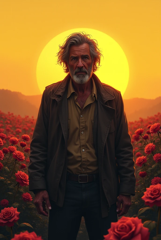 A homeless man around the age of 30 is beautiful but his clothes are neglected,
Standing in front of the beautiful yellowish sunset,
There are lots of roses on the horizon,
Roses in reddish rosy colors 