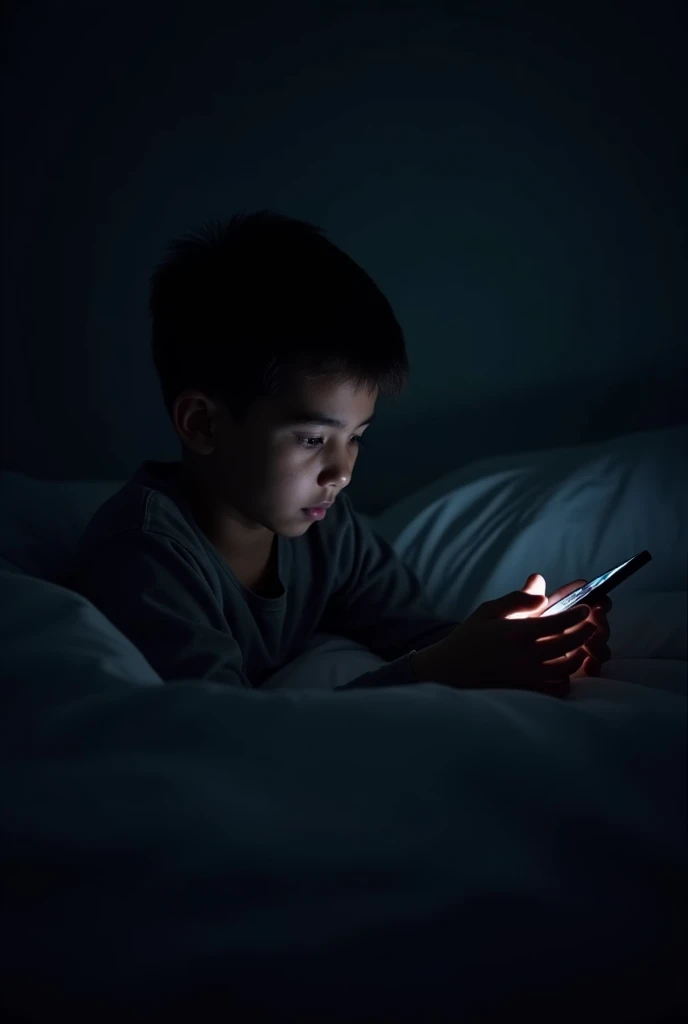 deep in the night,Pitch black room,A boy in his 20s lies under the covers playing with his mobile phone