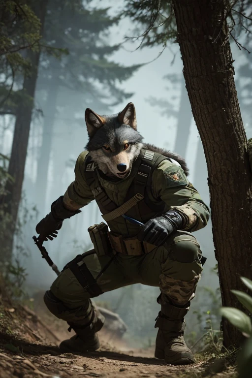 An anthropomorphic wolf dressed as Old Snake from Metal Gear Solid,Wearing an eye patch over one eye,Ready to fight,You are about to throw a grenade at an enemy camp base in the woods.,