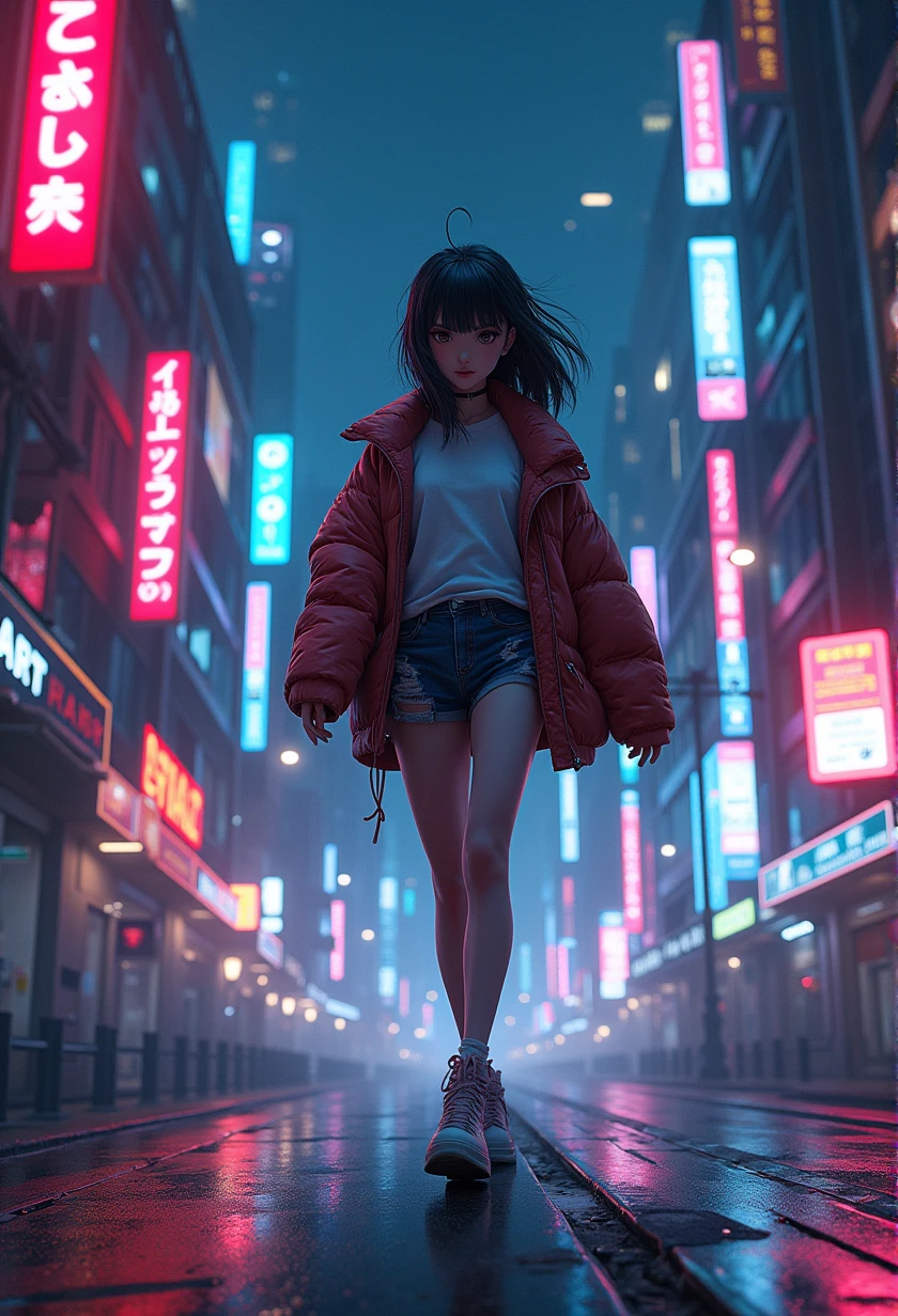 Anime girl walking in the middle of the city at night, Cyberpunk art inspired by Liam Wong, pixiv Contest Winner, Pixel art, Anime girl running, Art Deco takes over anime aesthetics, Makoto Shinkai Cyril Rolland, Anime Style 4k, Anime Art Wallpapers 8K, anime art wallpaper 4k, Digital Cyberpunk Anime Art