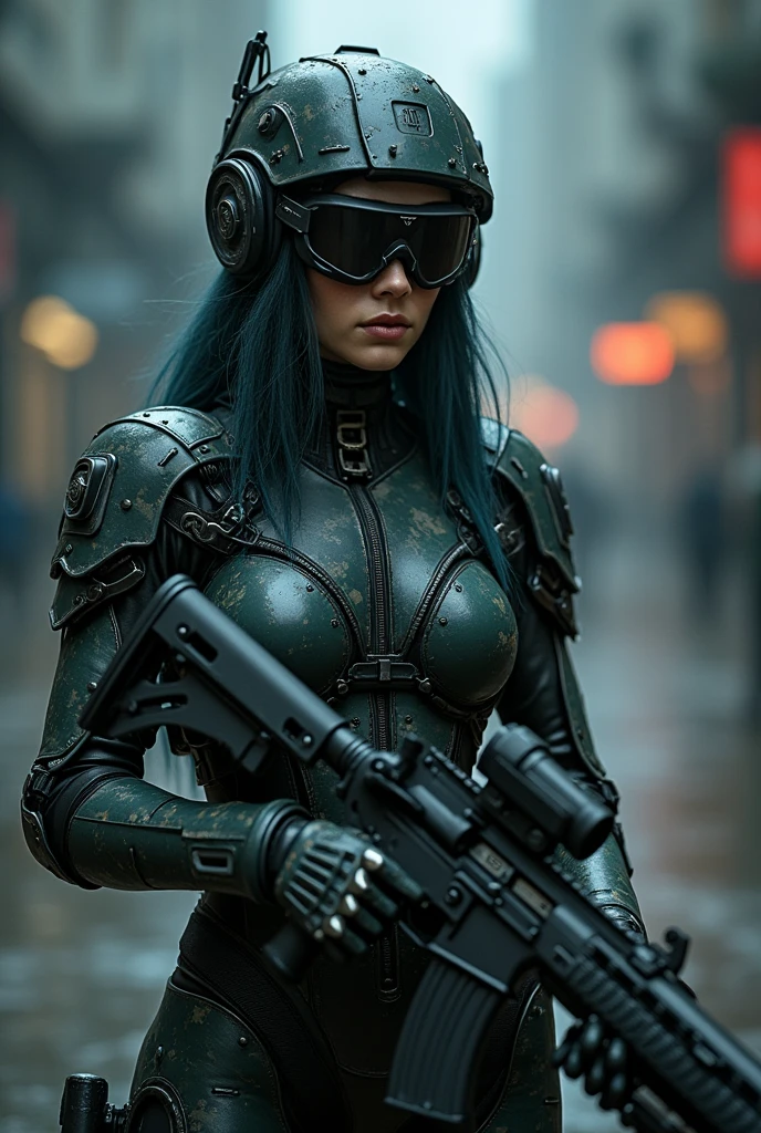 (Cowboy Shot:1.4)、A gorgeous female cyborg in heavy armor、Cyberpunk Mercenary、(Camouflage Tactical Latex Bodysuit:1.6)、Tactical Helmet、Military Goggles、High Resolution Assault Rifle、Dark and gloomy lighting、Dystopian sci-fi setting、Structure of the film、Dramatic camera angles、Chiaroscuro lighting、Metallic texture、bioluminescent details、Shiny technical parts、Exquisite mechanical details、Dark color palette、Dramatic Shadows、Dynamic pose、Powerful expression
