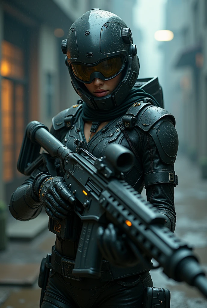 (Cowboy Shot:1.4)、A gorgeous female cyborg in heavy armor、Cyberpunk Mercenary、(Camouflage Tactical Latex Bodysuit:1.6)、Tactical Helmet、Military Goggles、High Resolution Assault Rifle、Dark and gloomy lighting、Dystopian sci-fi setting、Structure of the film、Dramatic camera angles、Chiaroscuro lighting、Metallic texture、bioluminescent details、Shiny technical parts、Exquisite mechanical details、Dark color palette、Dramatic Shadows、Dynamic pose、Powerful expression