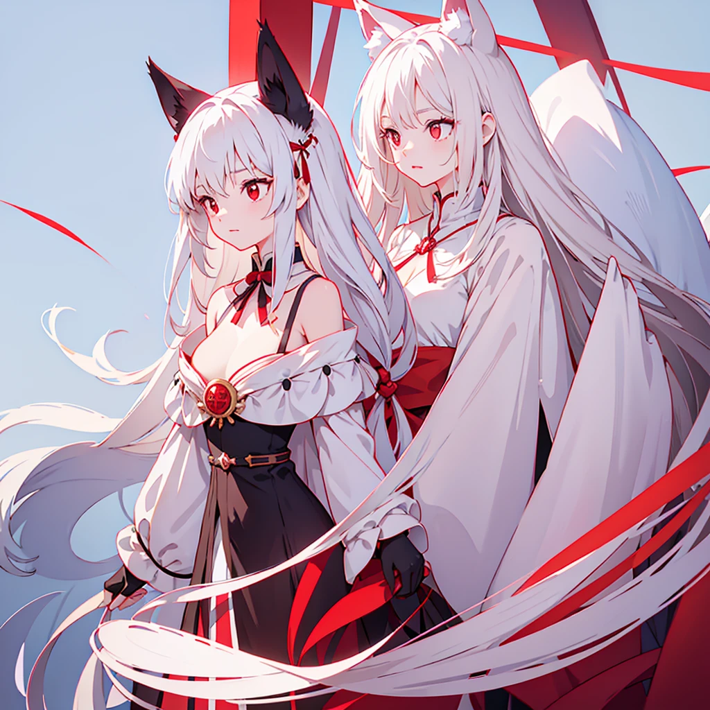 white hair, Fox ears, woman, chest, Masterpiece, red eyes, has a tail, see the nape of the neck , thigh, long hair ,cute,Height 165,Age 23+, Ribbon set, Stand alone., Outstanding work,