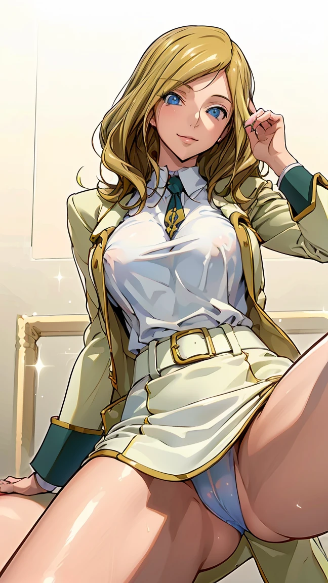(masterpiece, Highest quality), Mature Woman,23 years old, Brown Hair, (Upper Body:1.3),(From below:1.5), (Sealed:1.4),Ass Focus,Open your mouth, Embarrassing ,blush,(Spread your legs:1.3), Dutch Angle, Browsing Caution,Sensual, Long blonde hair, Thick thighs, 8k, 4K, Highest quality, (High resolution:1.6), Cute anime face, Noise Reduction,Flaxen Hair, (Sparkling Blue Eyes, A kind smile:1.3, Kind eyes:1.ung Face, Anime Eyes,Large areola, Puffy nipples:1.3, Beautiful Hands、Beautiful fingers、milly_ashford, blonde hair, long hair, yellow school uniform,
