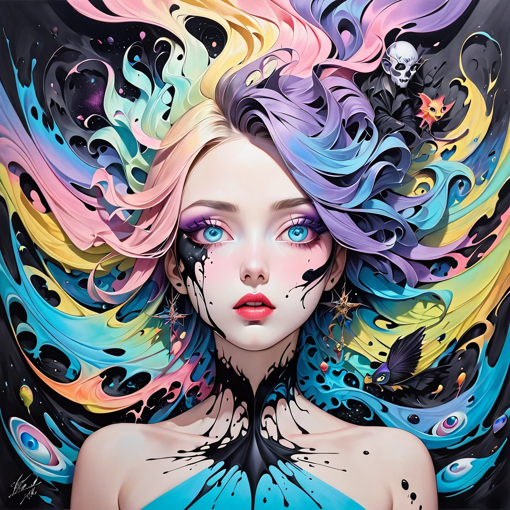 Show me the insanity, Madness beyond comprehension, ink art、cell shading、oil painting、Unrealistic surreal dark fantasy、pastel art, Break the rules of art, Suppress confusion, This is life, This ever-changing chaos is the beauty of breathing..
