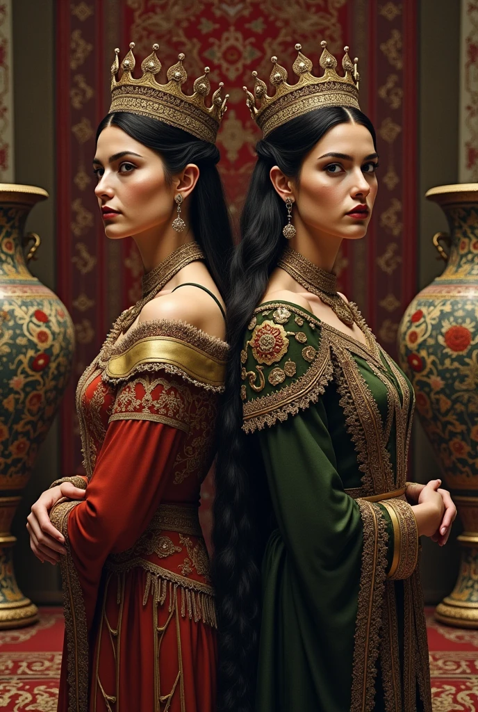 Create for me two female queens of Persia in the background carpets vases with serious expressions Make one back to back