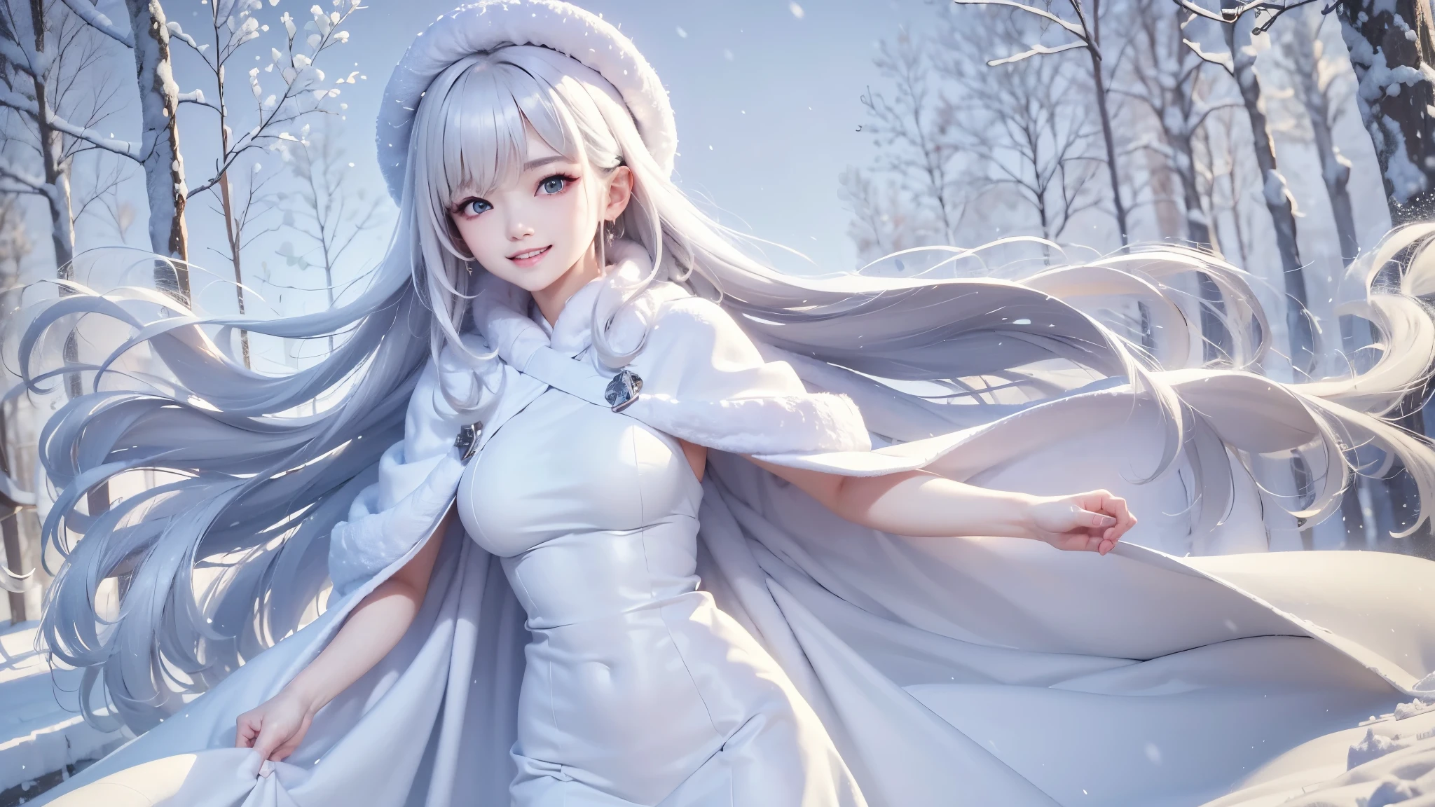 masterpiece、Highest quality、1 girl, winter, white hair, Cute girl, smile, close mouse, medium breasts, white dress, winter clothes, Fur coat、Small waist、Thin legs、outdoors, snow falling, in the forest and 湖