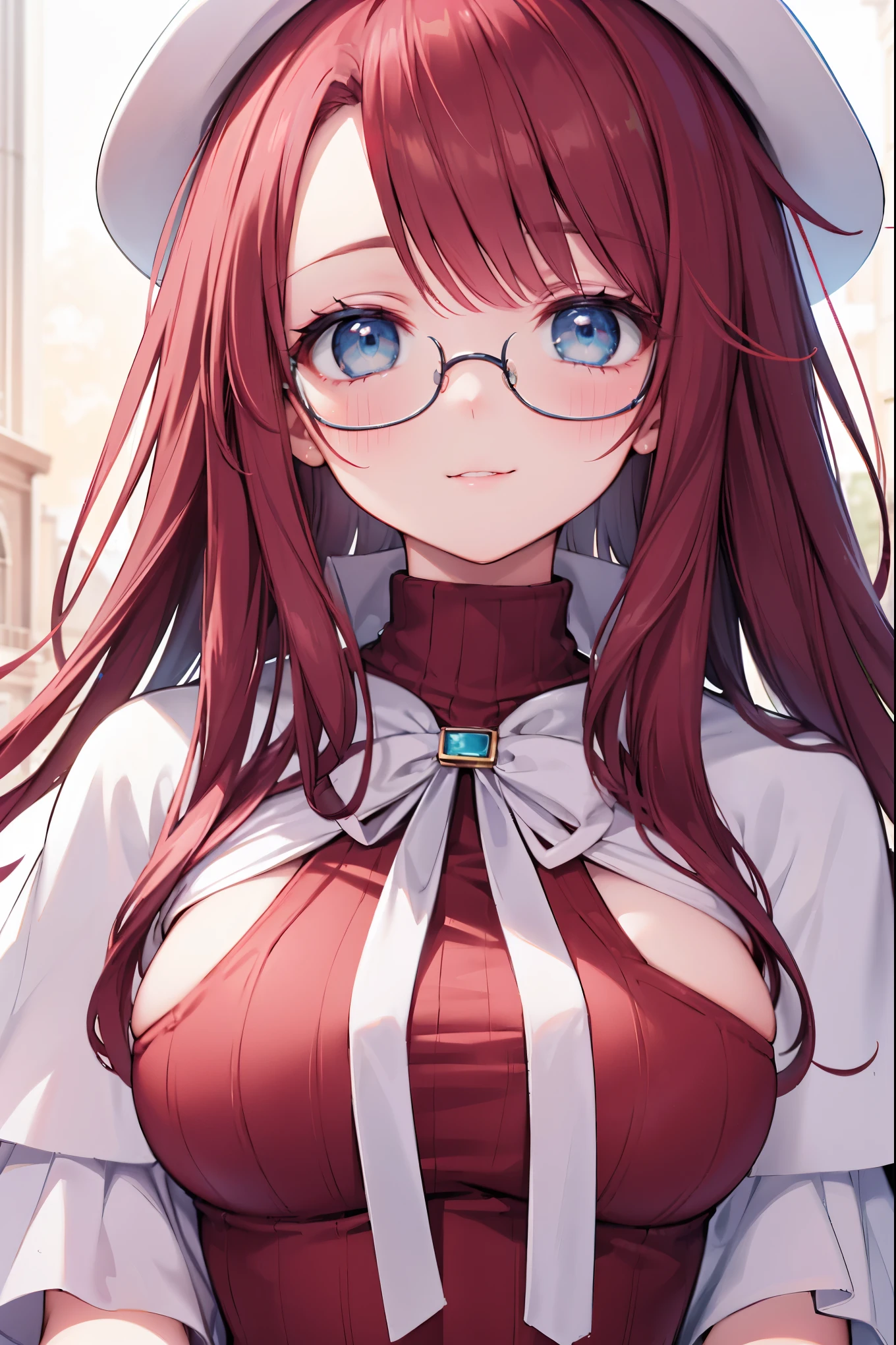 summonnightaty, aty, (young:1.3),long hair, blue eyes, red hair, big_tits, hat, glasses, BREAK long hair,, hat, dress,glasses, cape, sweater, beret,ribbed sweater,,solo, BREAK outdoors, fantasy, BREAK (masterpiece:1.2), best quality, high resolution, unity 8k wallpaper, (illustration:0.8), (beautiful detailed eyes:1.6), extremely detailed face, perfect lighting, extremely detailed CG, perfect anatomy),covered_nipples,half_eyes,sleepy_eyes,red_sweater,magical_effect,,Smile,closed_mouth,solo,in_modern_town_landscape,night_sky,solo,portrait,bust up,looking_viewer,shiny_lips,blush