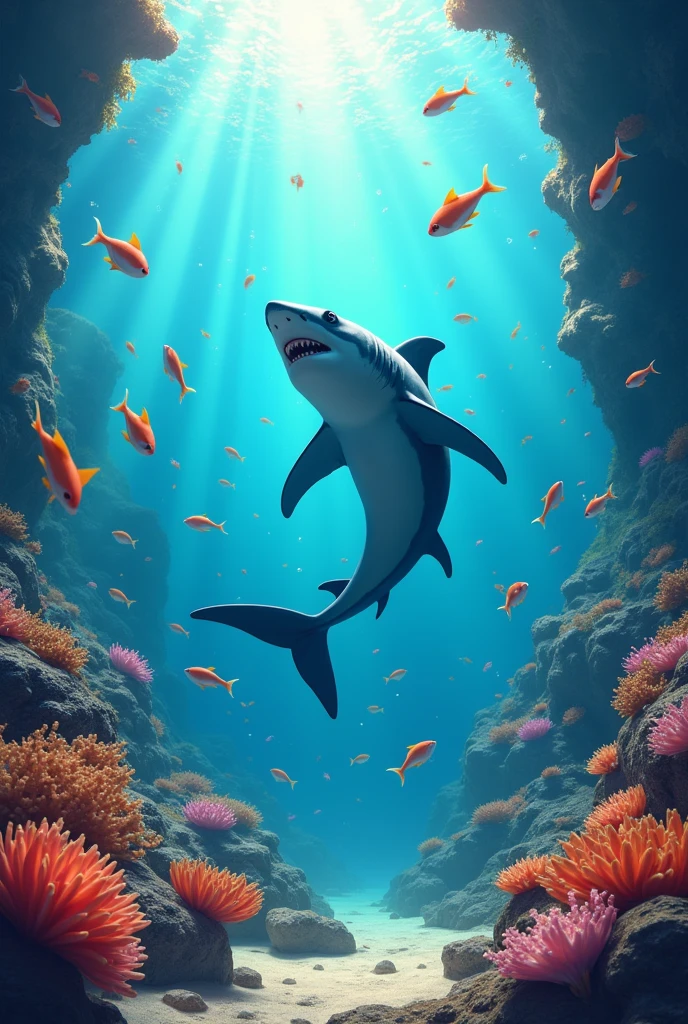 "A lively underwater scene where a shark is joyfully dancing amidst a group of colorful fish, with bubbles and light filtering through the water, creating a dynamic and whimsical atmosphere."