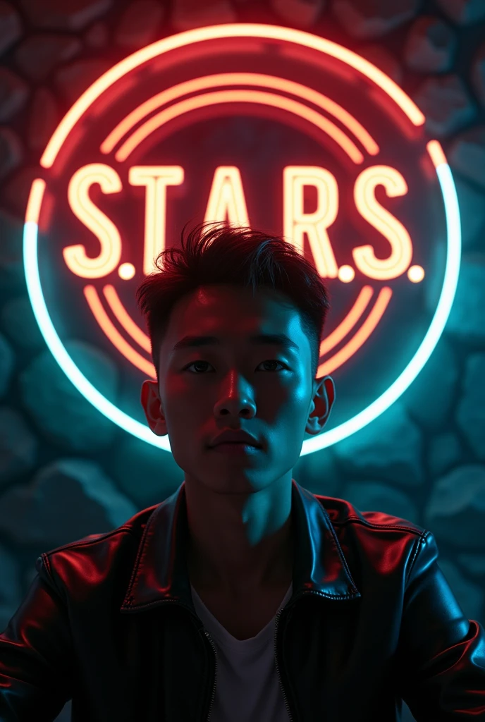 In the night at the secret meeting side room , short-hair Indonesian toraja young man, sweet and cute face , hyper realistic detaill pore and line skin face, wearing a leather jacket, realistic, looking at the viewer, the back wall of the room has a round logo that says "S.T.A.R.S", letters embossed from clear red and white acrylic with gold dust, glowing corners, black natural stone background, surrounded by neon lines and clear color music note symbol lights up, the outer frame of the engraving line lights up softly, part of the logo is dark, realistic complex light ,8K,4D,HDR, hyper realistic,cinematic lighting,real sunlight lighting from the right side