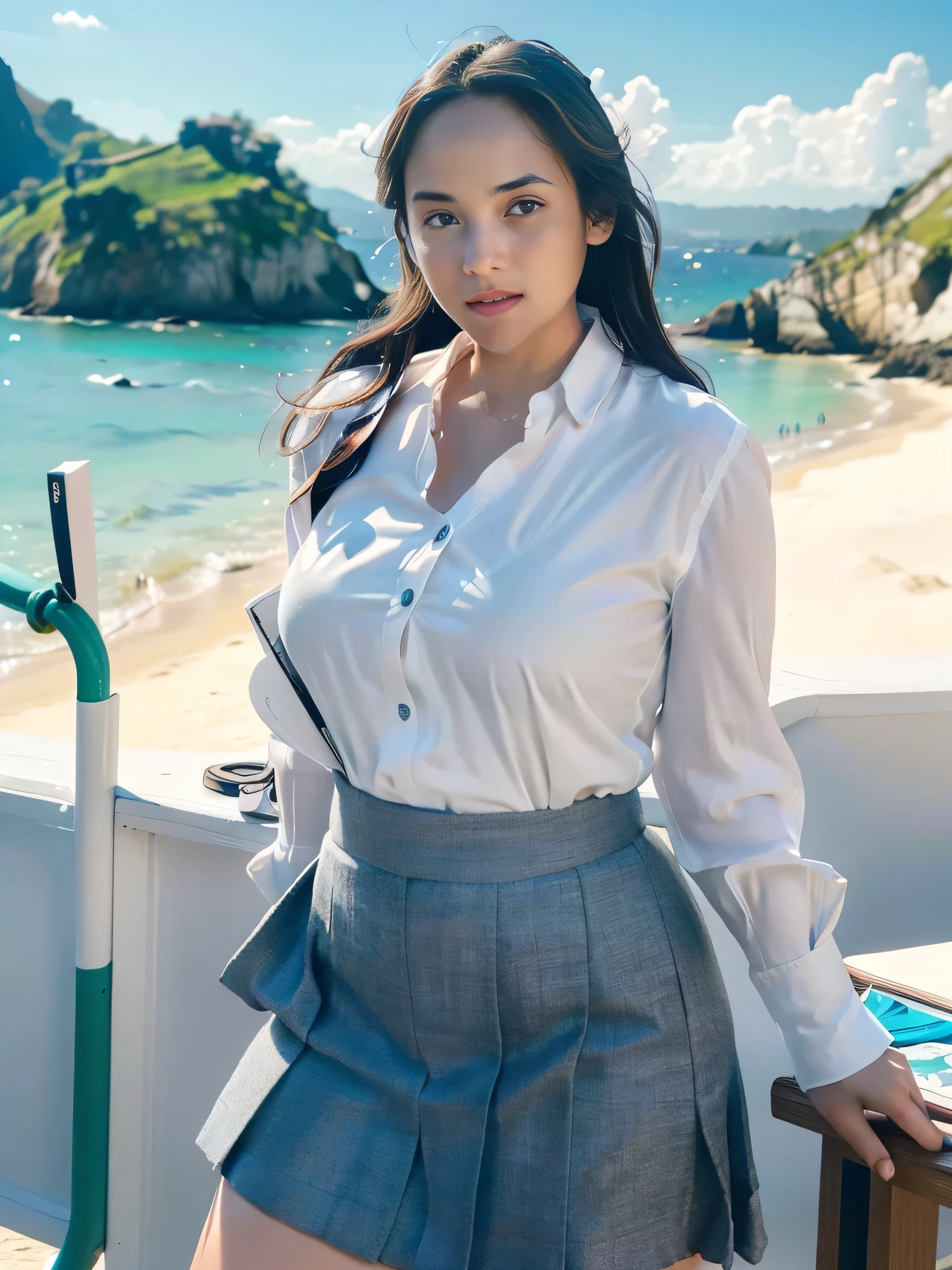 1girl, solo, (uniform), standing, at the beach, beautifully ocean scenery, detailed face, cute face, detailed eyes, thick breasts, smooth realistic skin, tight white shirt, tight blue grey miniskirt, looking at the audience, low angle shot,(8k, RAW photo, best quality, masterpiece: 1.2), (realistic, realistic: 1.37), ultra-high resolution